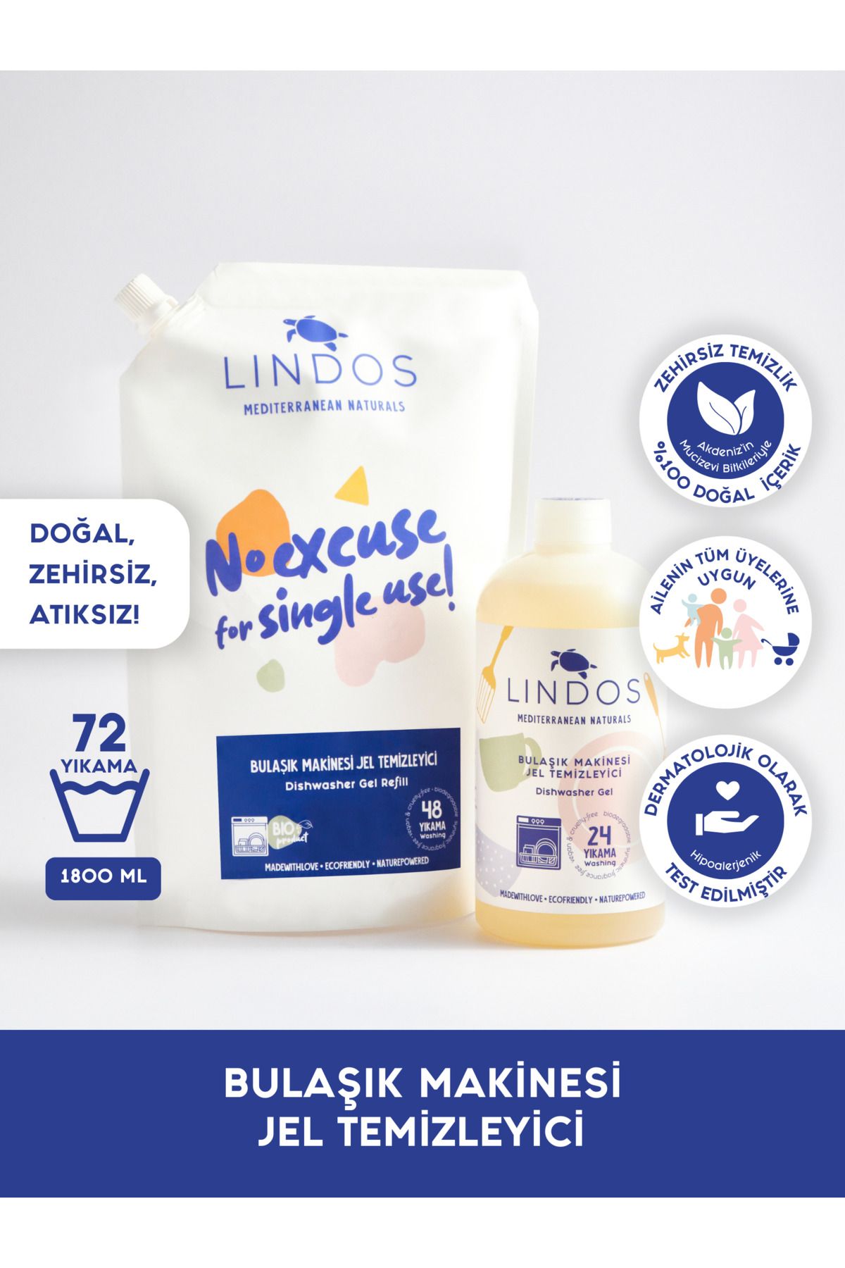 Lindos Doğal Bulaşık Makinesi Deterjanı %100 Bitkisel Güçlü 72 Yıkama Ekonomik Paket (1200 600 ML)