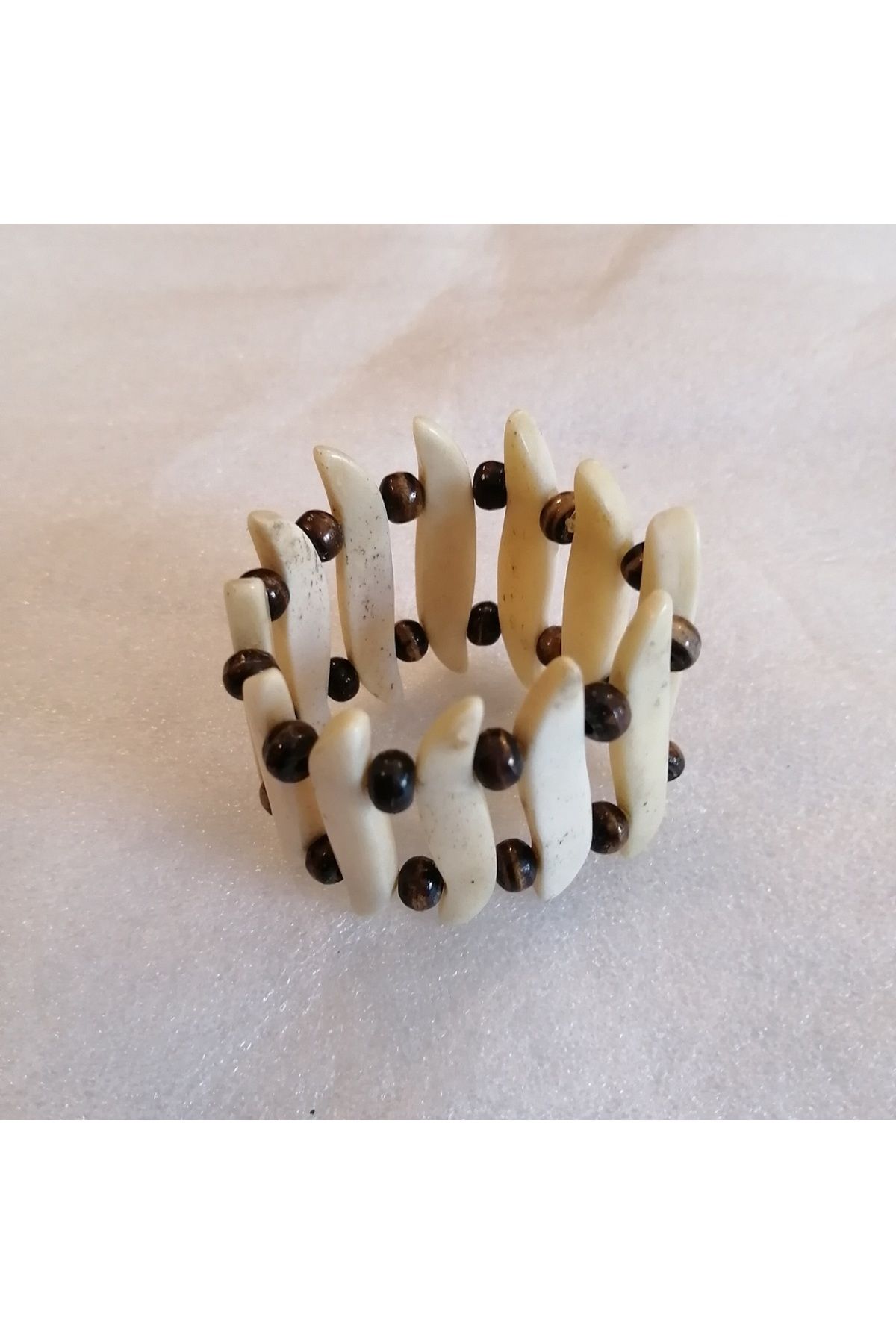 Butik Tülin Unisex otantik doğal kemik kahve kemik antik mat yüzeyli parçalı boncuklu lastikli bilezik Hint Malı