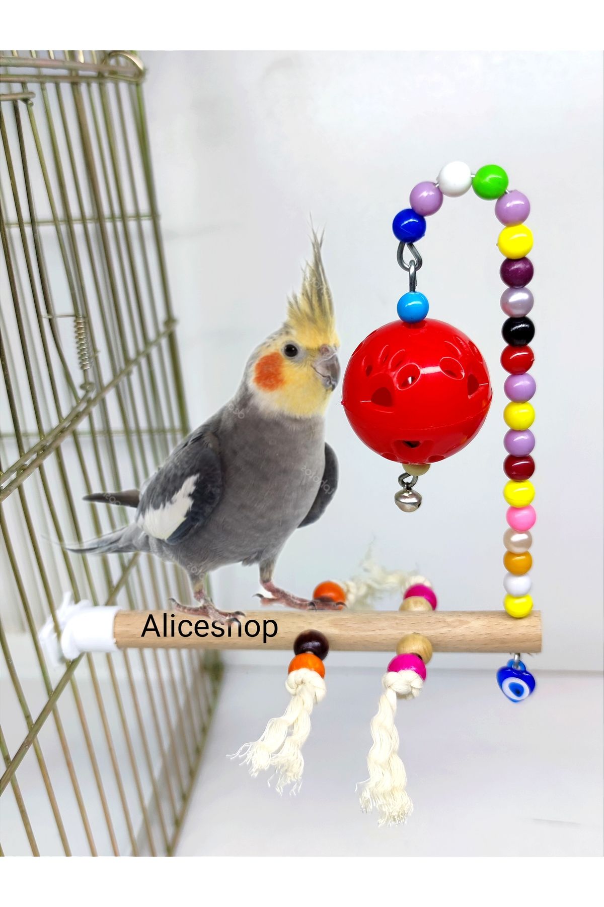 Alice Sultan papağanı Zilli Toplu Stres İpli Tünek Oyuncak