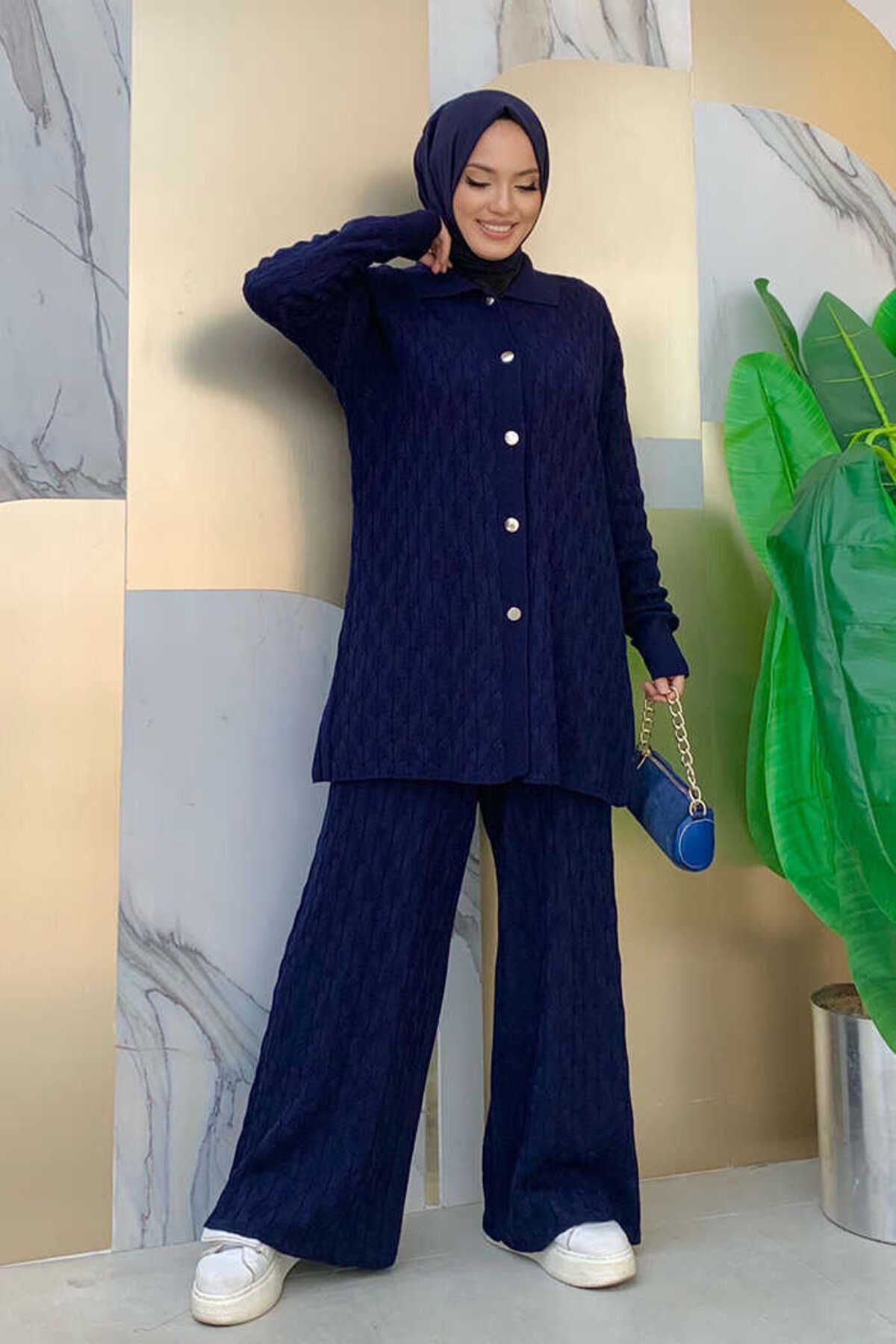 Bym Fashion Kabartma Desenli Tunik Düğmeli Pantolonlu Triko Takım 23311 Lacivert
