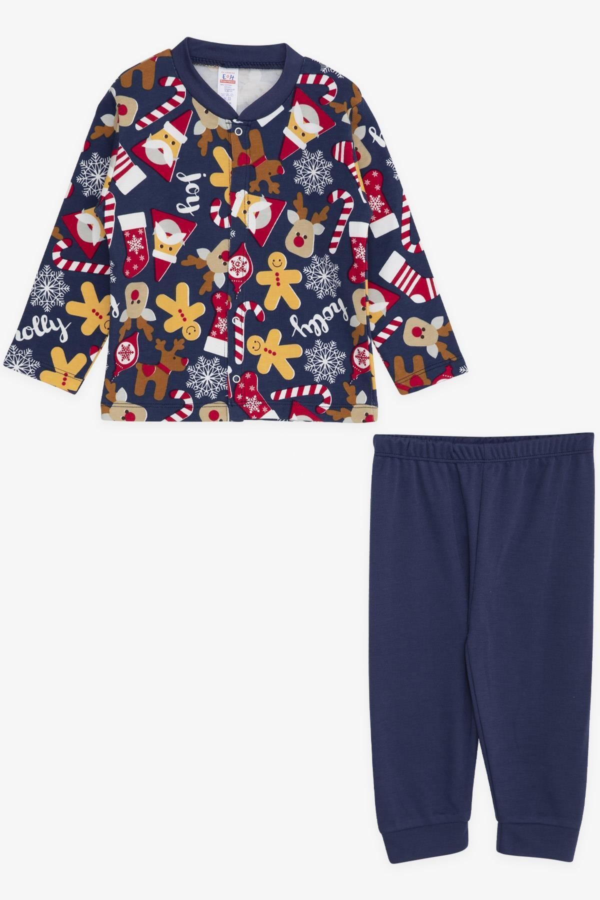Breeze Erkek Bebek Pijama Takımı Kurabiye Desenli Yılbaşı Temalı 4 Ay-1 Yaş, Koyu Mavi