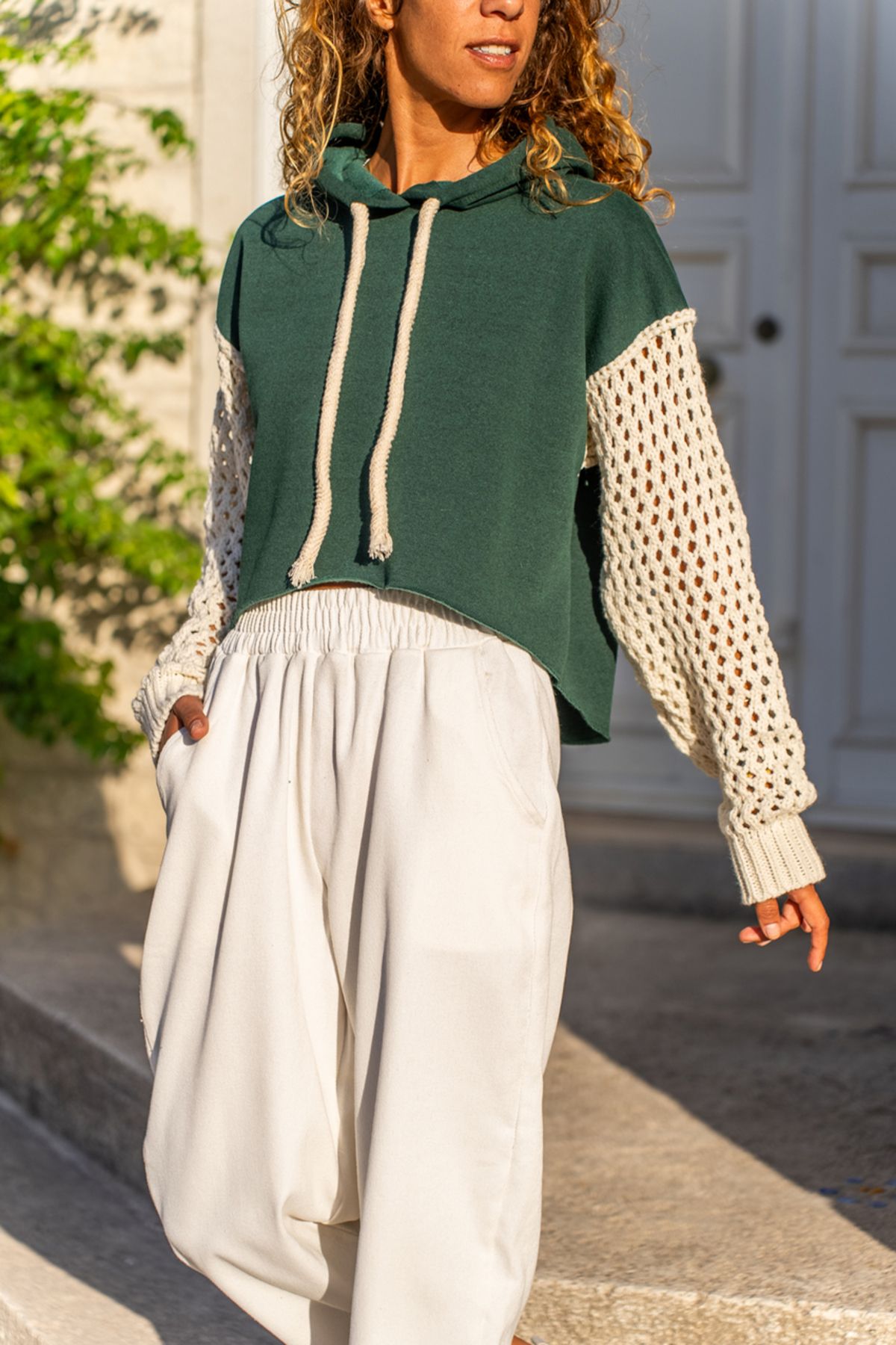 Güneşkızı Kadın Yeşil İçi Şardonlu Kapüşonlu Kolları Triko Salaş Sweatshirt 1St21