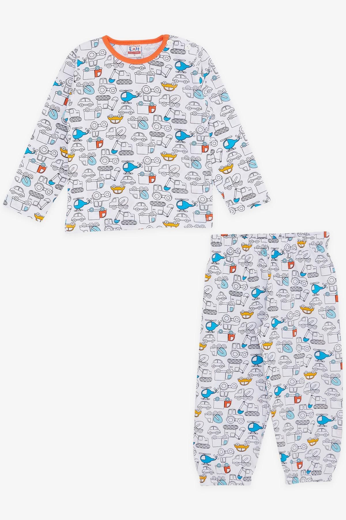 Breeze Girls & Boys Erkek Bebek Pijama Takımı Taşıt Desenli 9 Ay-3 Yaş, Beyaz