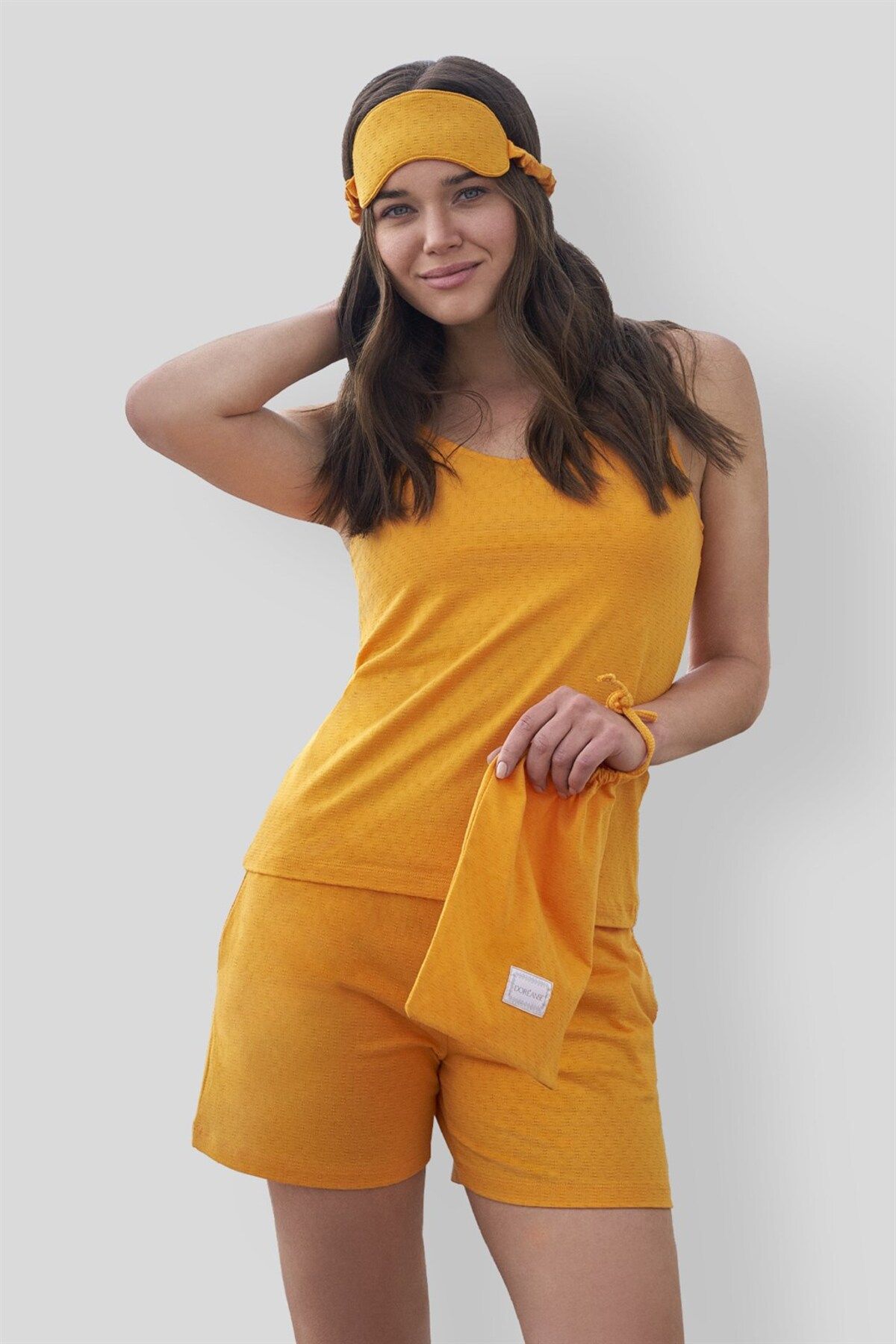 Doreanse Kadın Turuncu Torbalı 3'lü Set Askılı Şort Pijama Takımı 4026