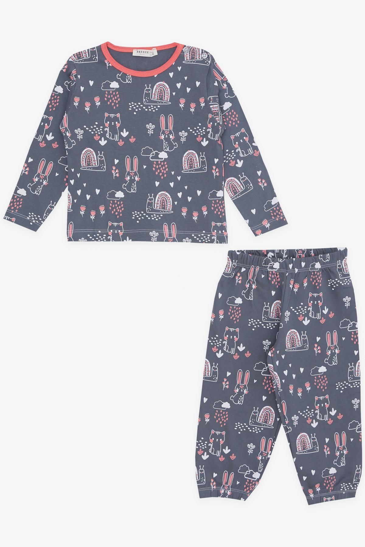 Breeze Kız Bebek Pijama Takımı Hayvancık Desenli Doğa Temalı 9 Ay-3 Yaş, Füme