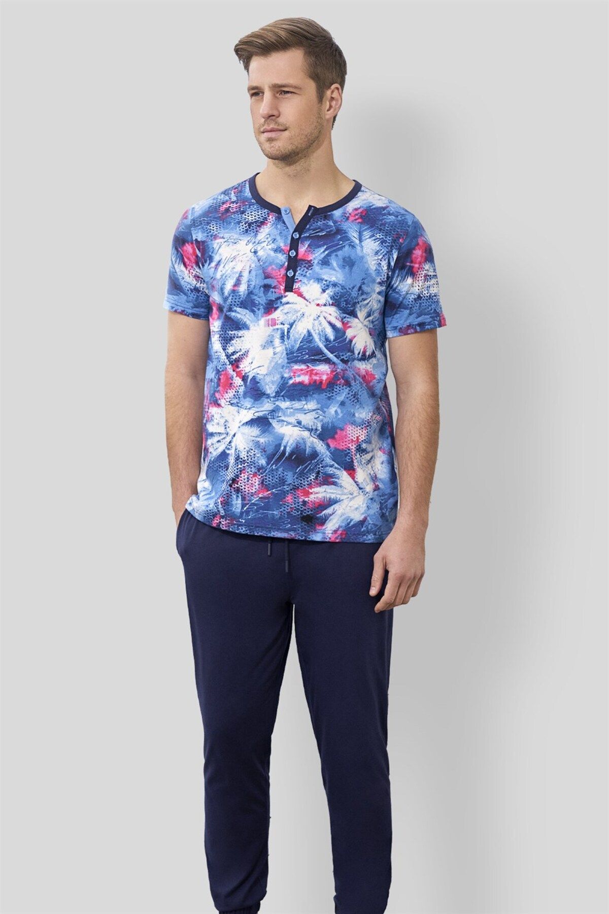 Doreanse Erkek Mavi Çok Renkli Desenli T-shirt Pijama Takımı 4572
