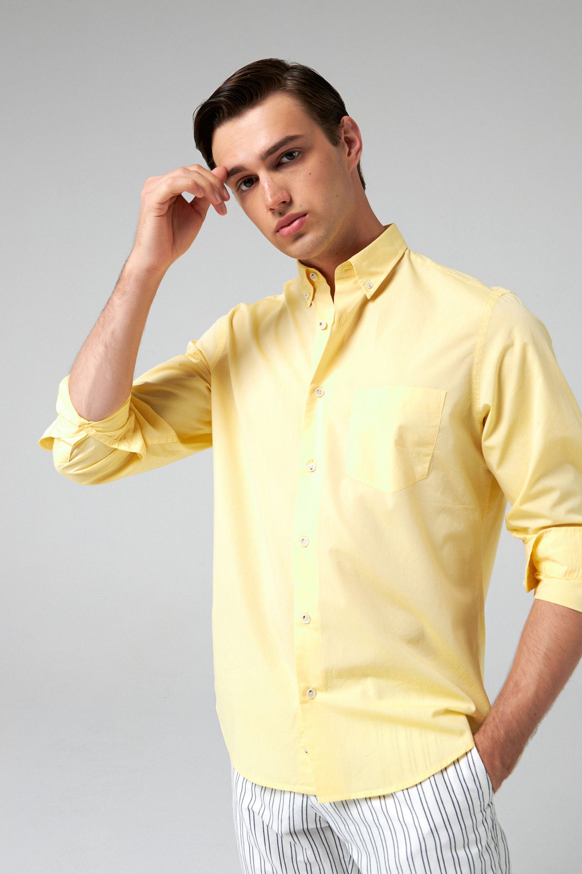 D'S Damat Comfort Sarı Düz %100 Pamuk Gömlek