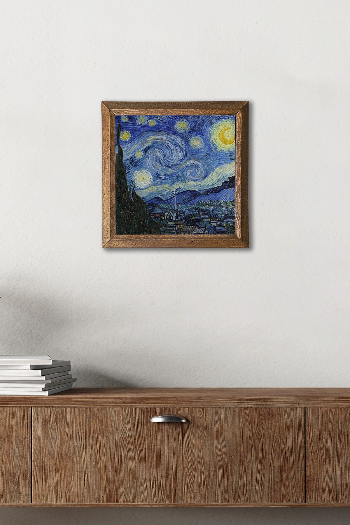Pinecone Vincent Van Gogh Yıldızlı Gece Taş Duvar Tablosu Ahşap Çerçeveli Duvar Dekoru Wall Art 25x25cm