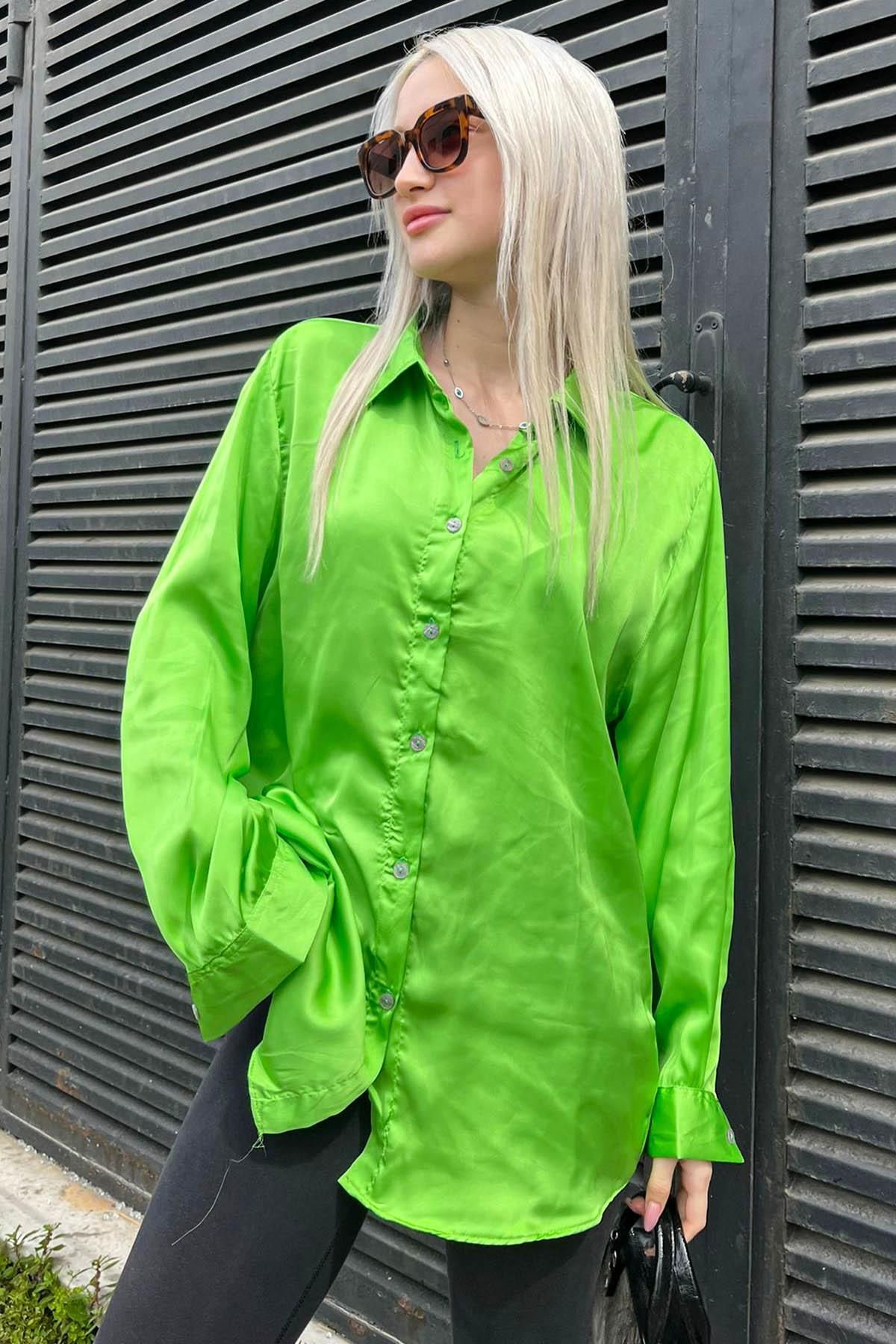 Madmext Fıstık Yeşili Basic Kadın Saten Gömlek Mg1326