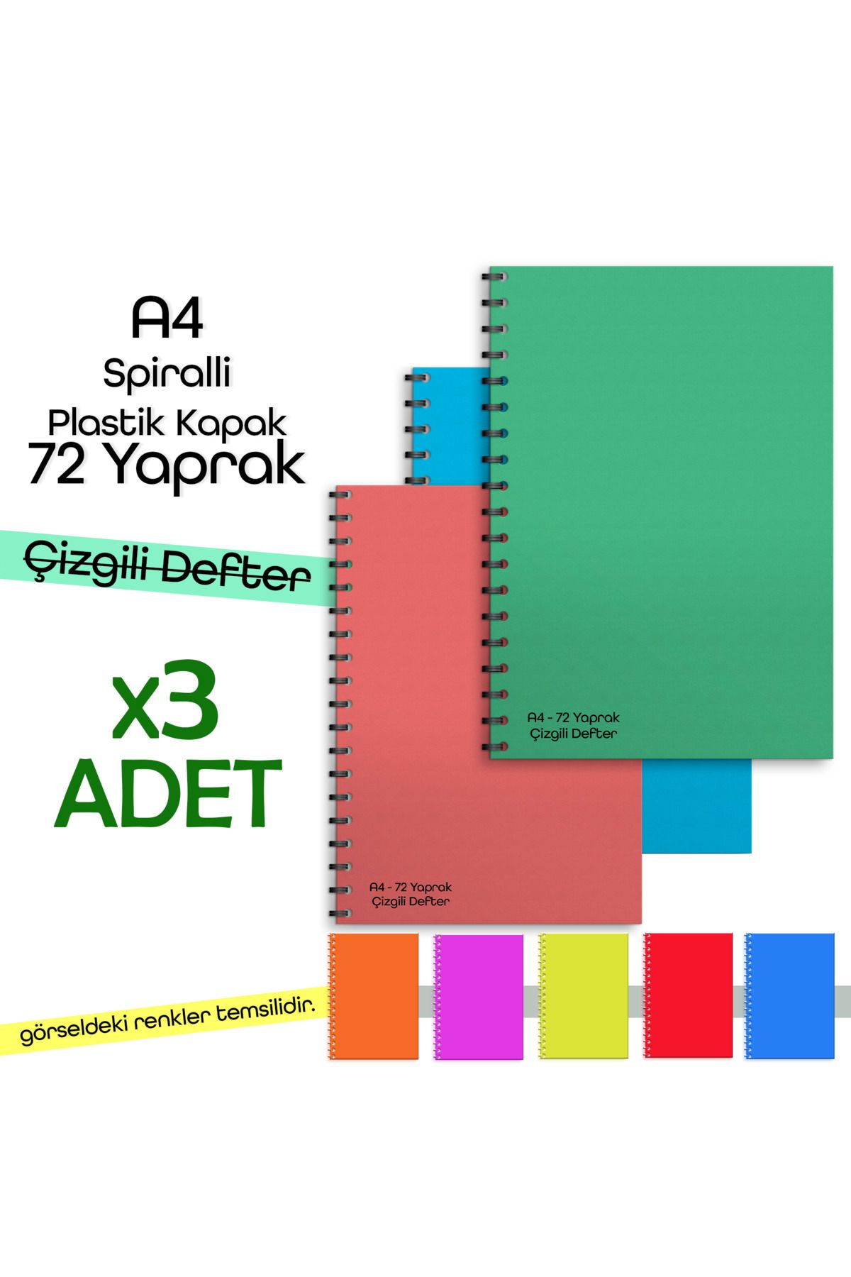 Fragman Yayınları A4 72 Yaprak 3 Adet Çizgili Okul Defteri Planlayıcı Hediyeli Plastik Kapak Spiralli