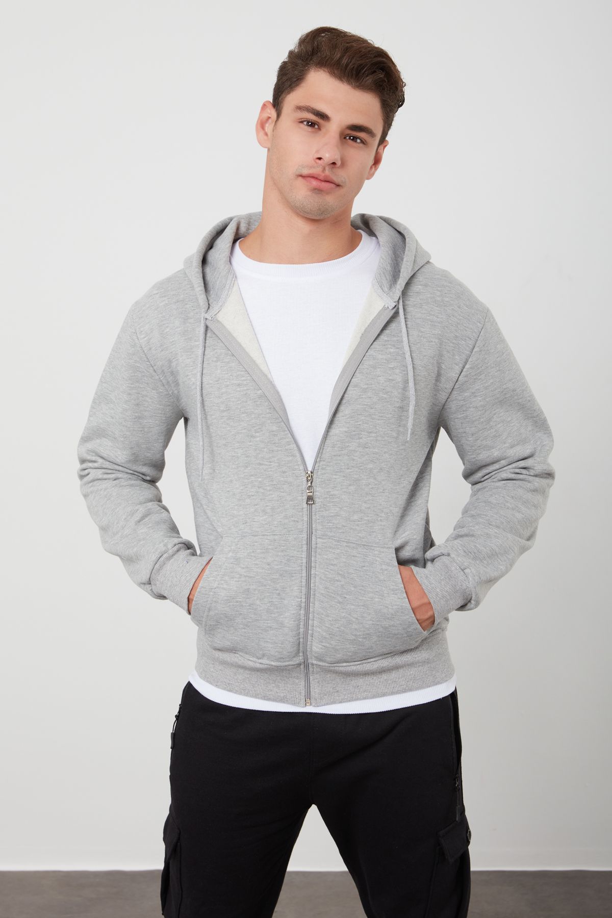 Tena Moda Erkek Gri Melanj Kapüşonlu Fermuarlı Şardonlu Basic Sweatshirt