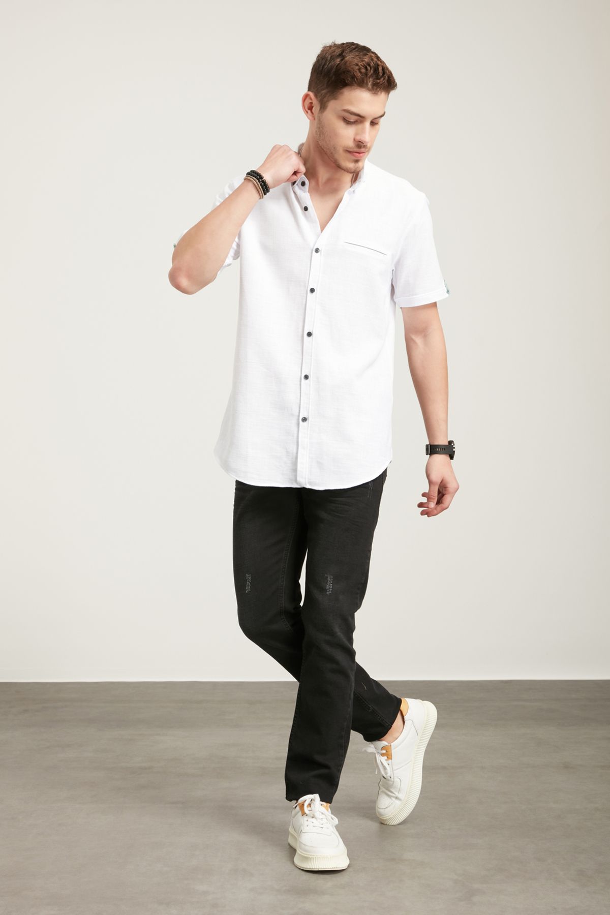 Tena Moda Erkek Beyaz Kısa Kollu Hasır Keten Regular Fit Gömlek