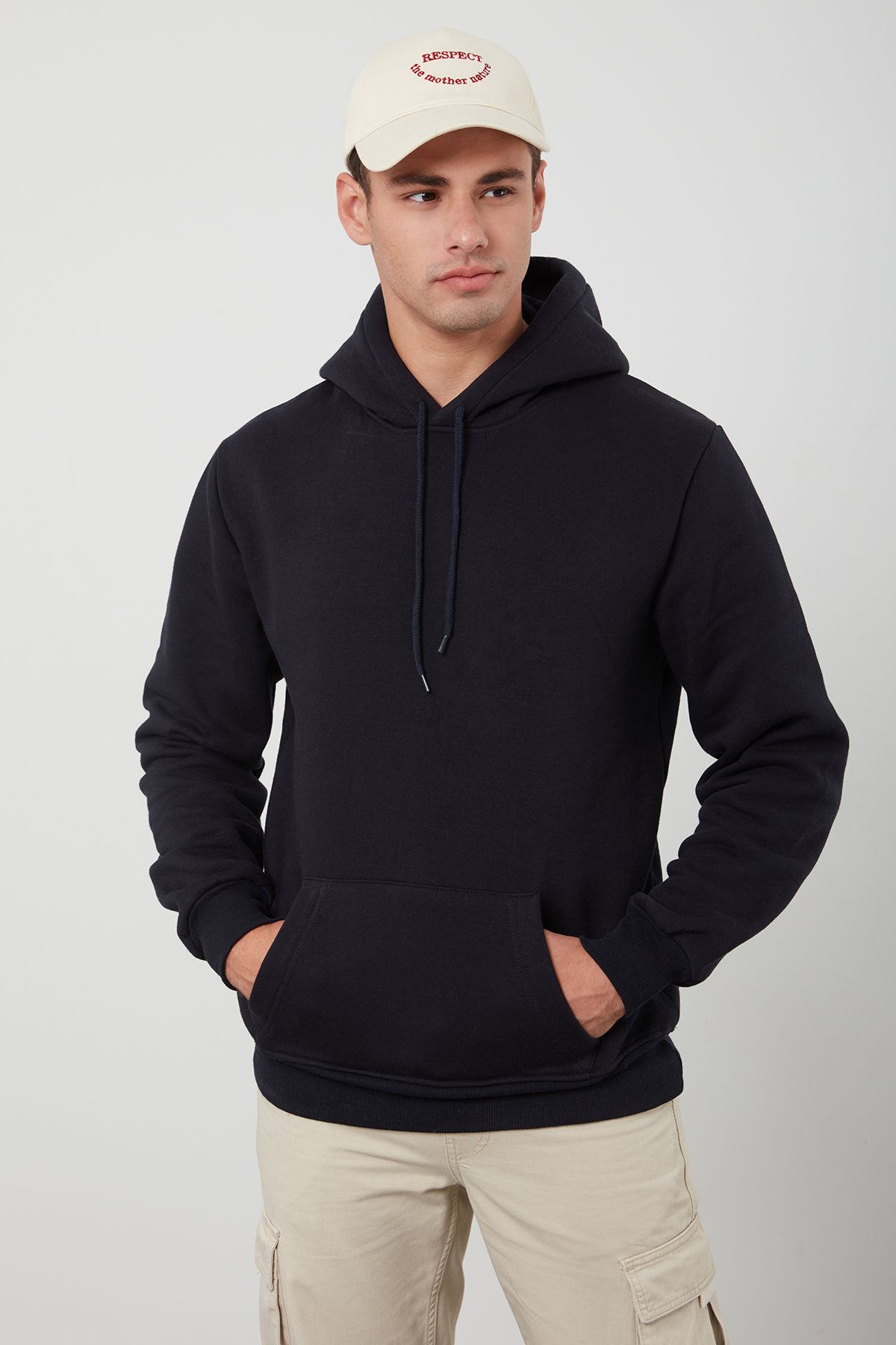 Tena Moda Erkek Lacivert Kapüşonlu Kanguru Cepli Şardonlu Basic Sweatshirt