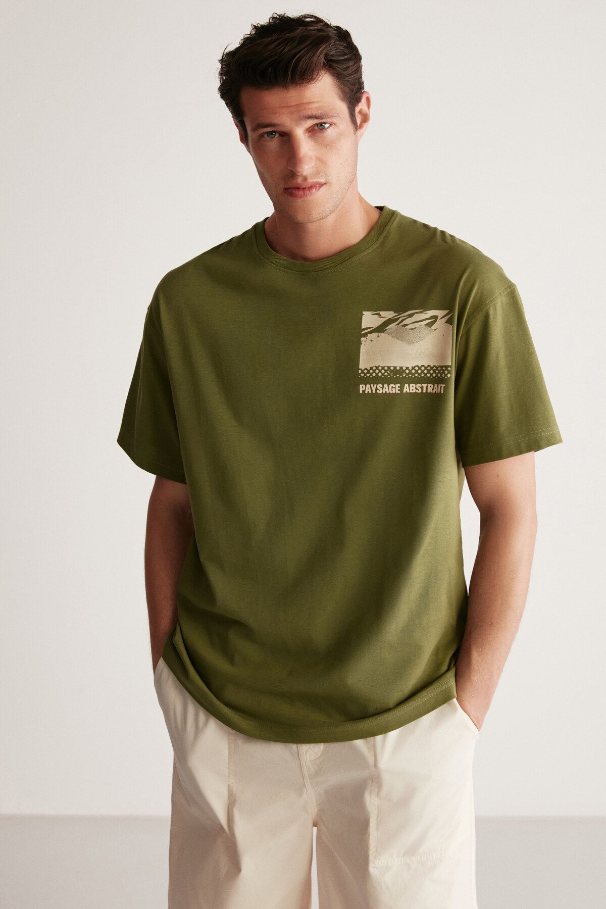 GRIMELANGE Stuart Erkek Oversize Fit %100 Pamuk Kalın Dokulu Baskılı Haki T-shirt