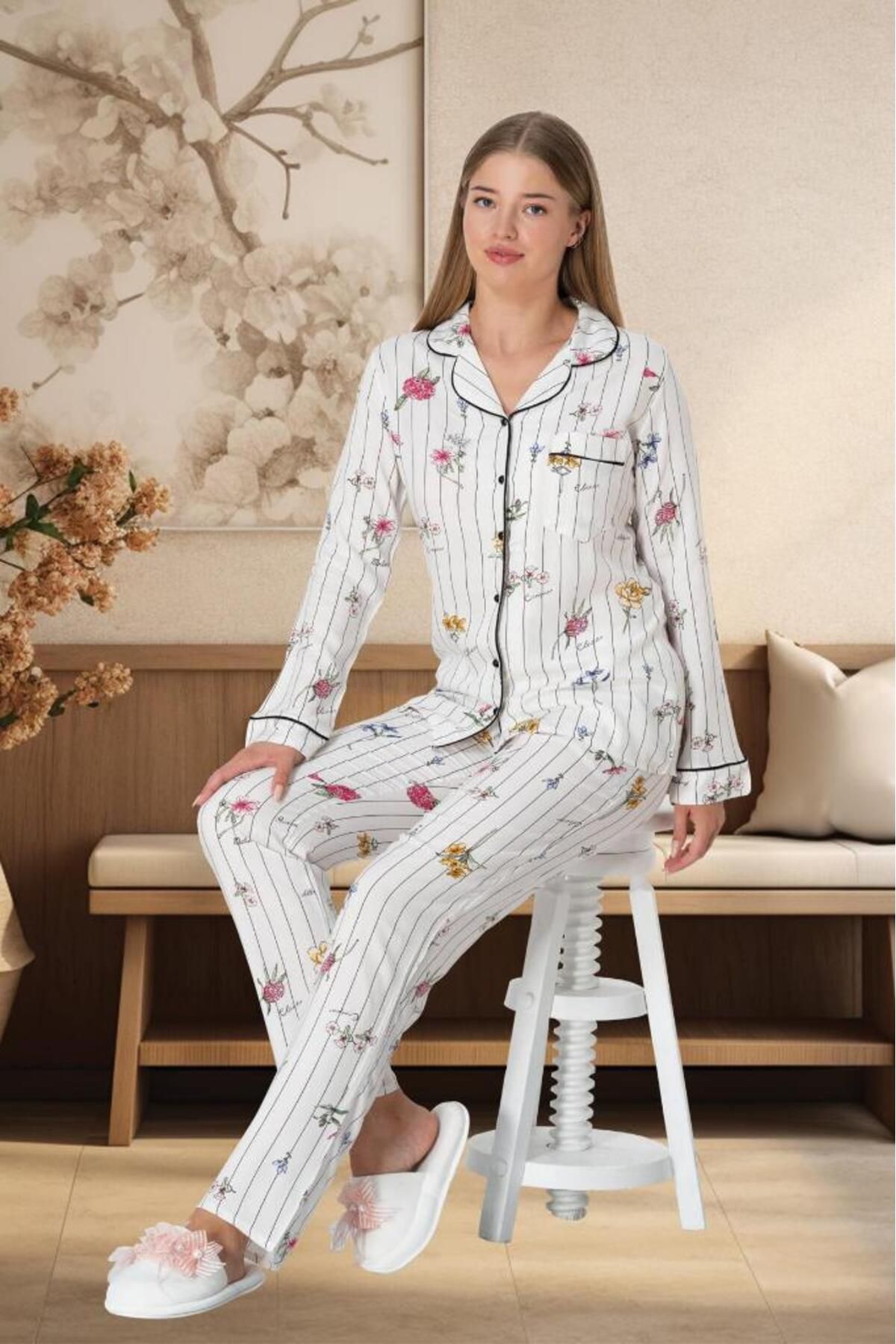 Mecit Pijama Mecit 5252 Boydan Düğmeli Kadın Pijama Takımı