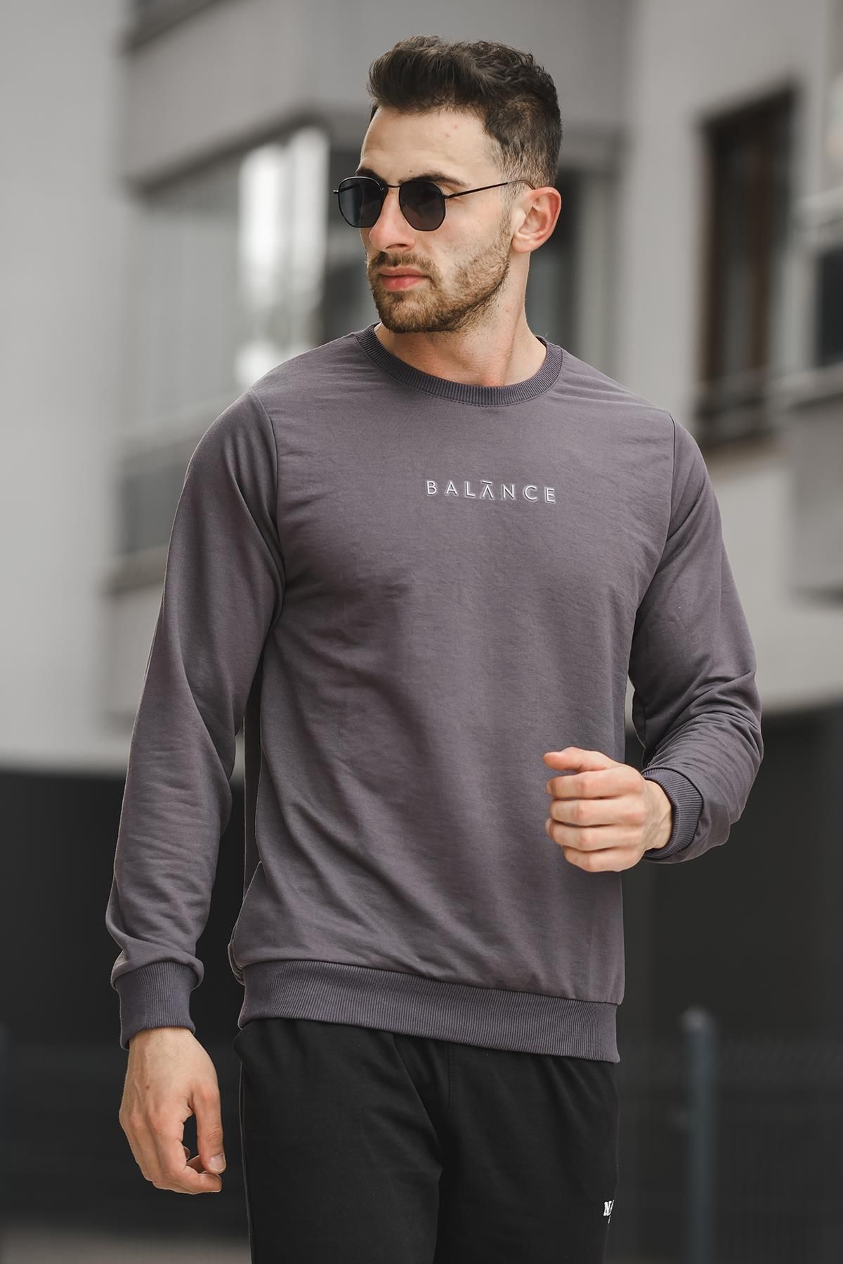 Oksit Balance Baskılı Slim Fit Likralı Sıfır Yaka Erkek Sweatshirt