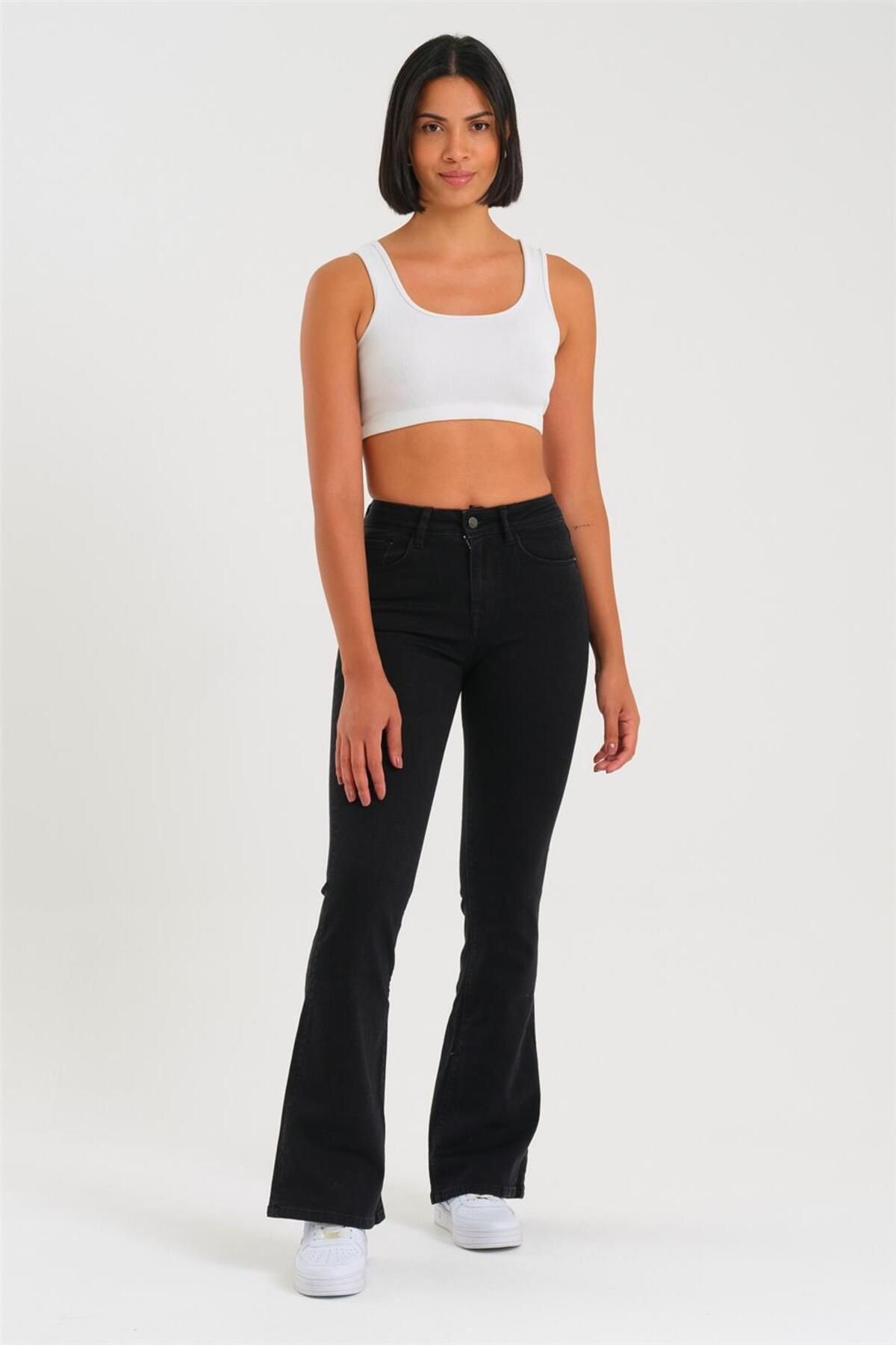 EXPLODE - Kadın Siyah Likralı Yüksek Bel Flare Jeans Siyah