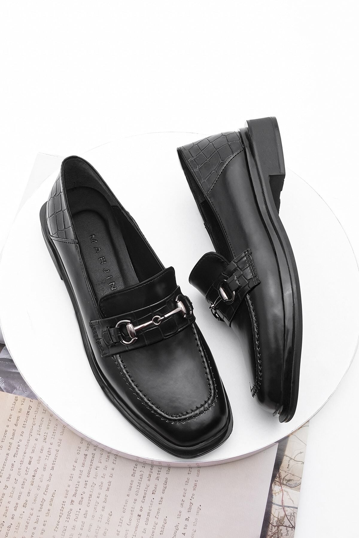 Marjin Kadın Loafer Makosen Ayakkabı Küt Burun Tokalı Günlük Ayakkabı Races siyah