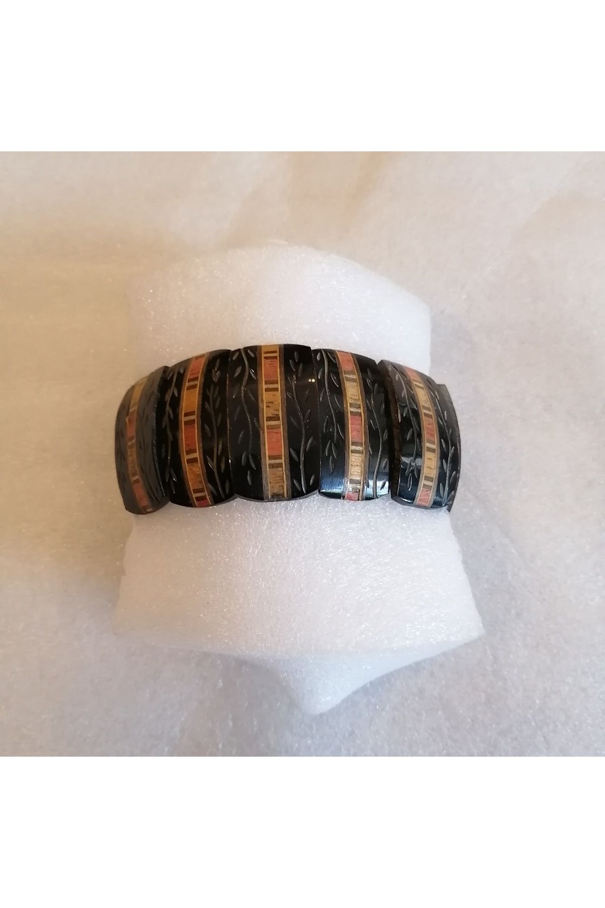 Butik Tülin Unisex otantik doğal boynuz siyah ahşap çizgili antik parlak yüzeyli parçalı lastikli bilezik Hint