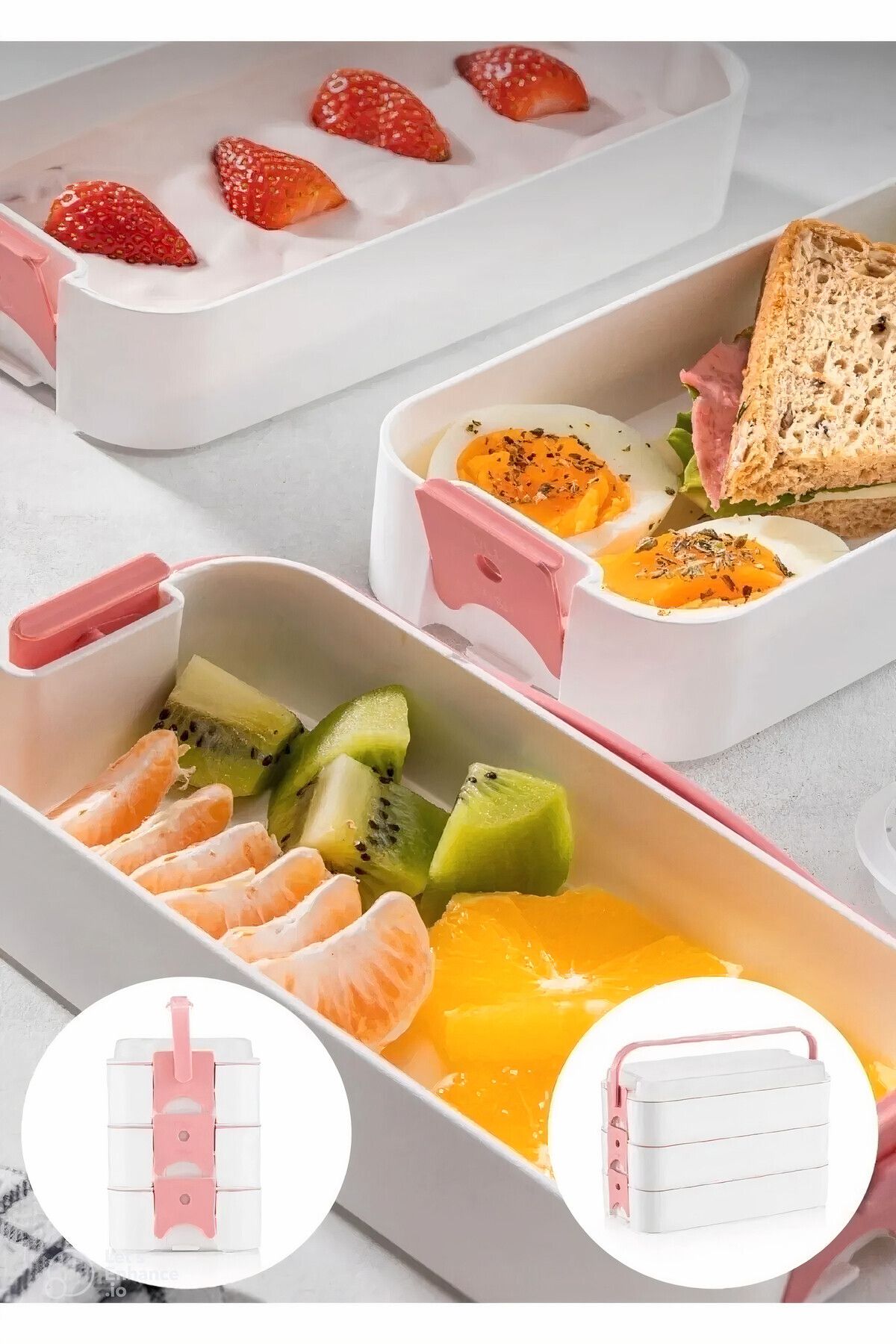 HomeDesigner 3 Katlı Taşınabilir Yemek Kabı – Lunch Box - Diyet Beslenme Saklama Kabı Çatal Kaşıklı KAT-KAT