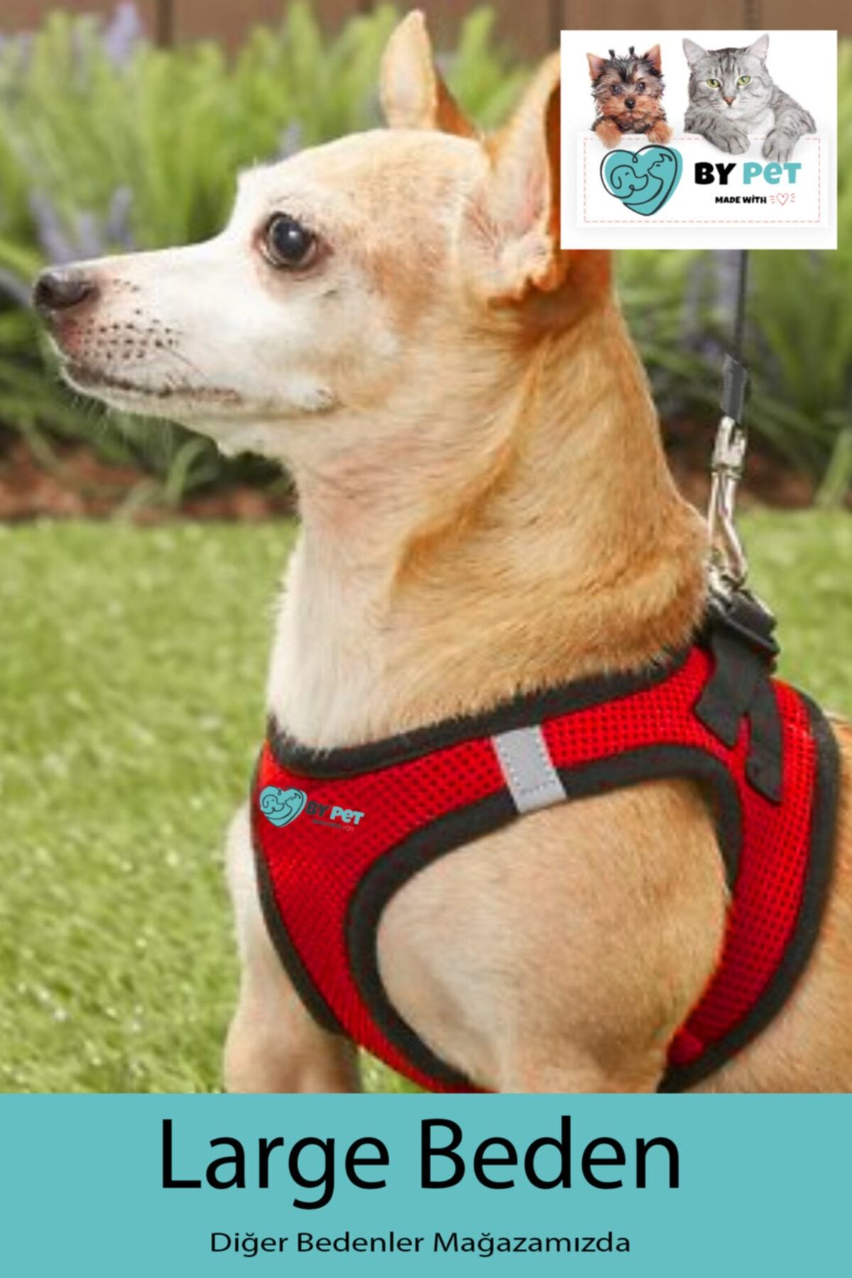 BYPET Yeni Nesil Nefes Alabilen Kaçış Önleyici -reflektörlü Köpek Göğüs Tasması Seti Kırmızı-large