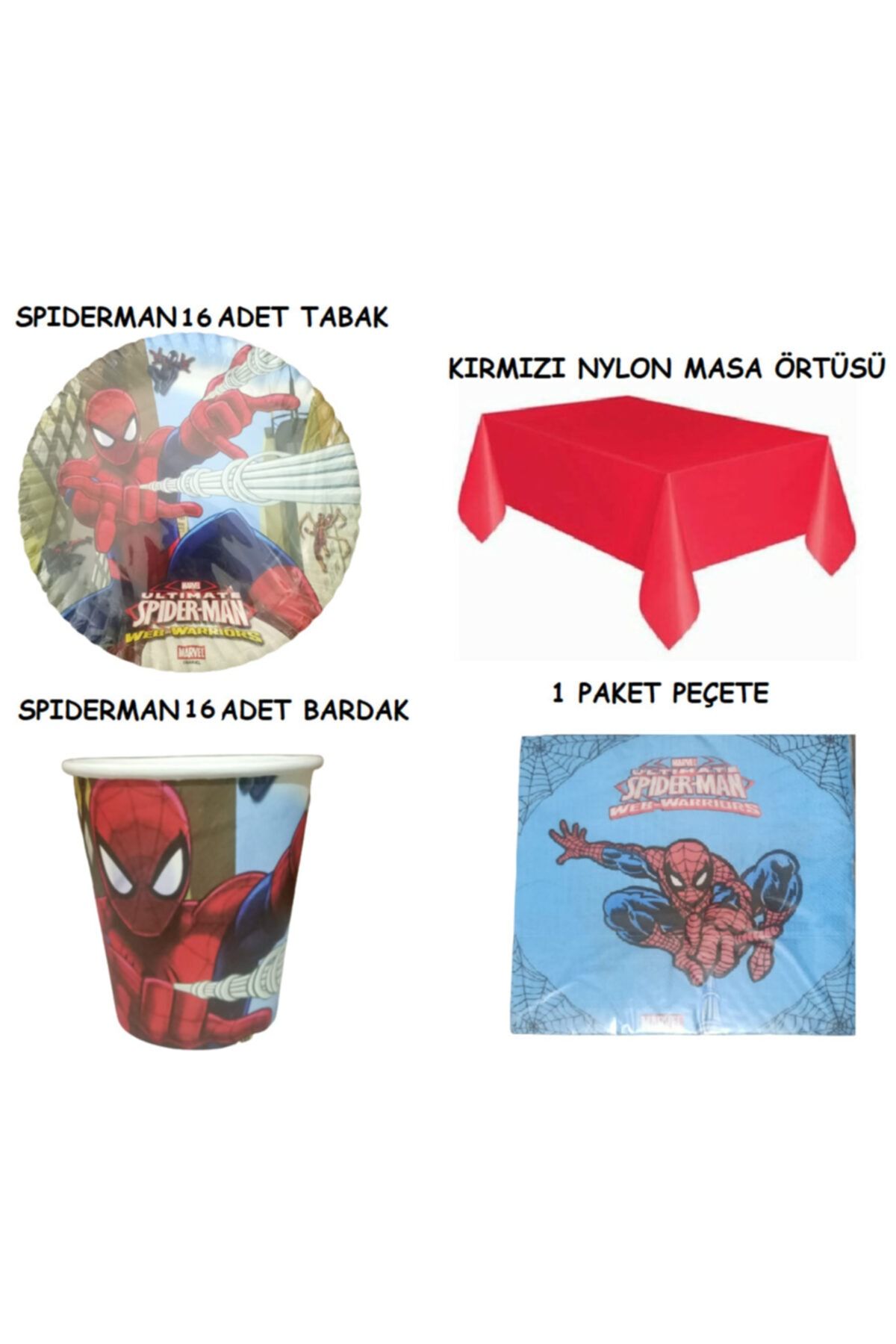 Spiderman Örümcek Adam Spiderman Tabak Bardak Peçete Masa Örtüsü Seti 16 Kişilik