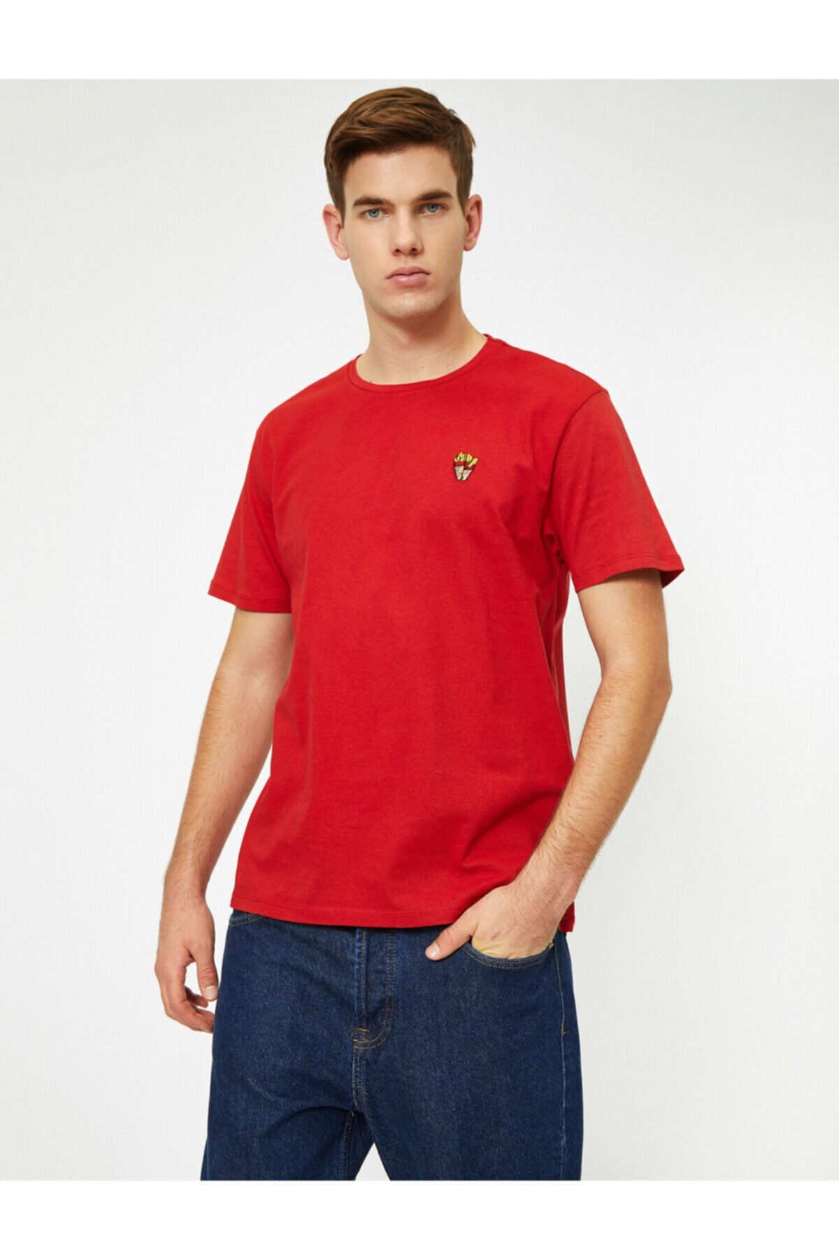 Koton Erkek Kırmızı Bisiklet Yaka T-Shirt 0YAM14394OK