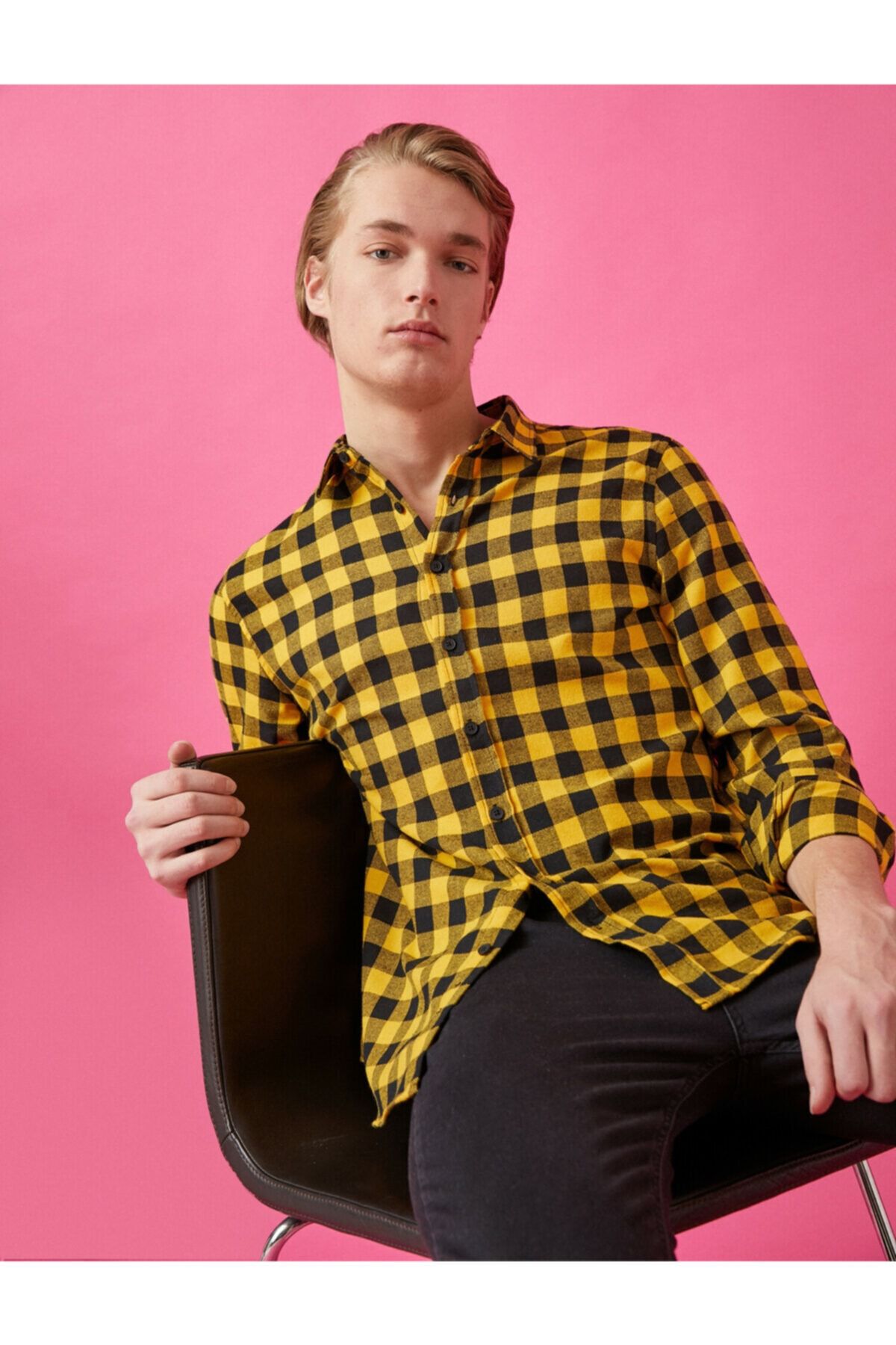Koton Erkek Sarı Kareli Uzun Kollu Klasik Yaka Gömlek