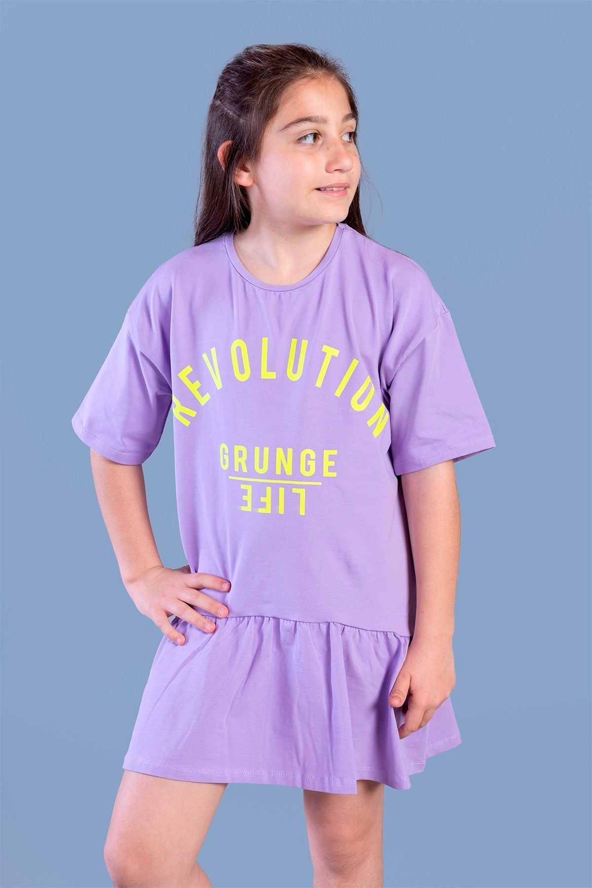 Toontoy Kız Çocuk Lila Baskılı Eteği Büzgülü Düşük Kol Elbise