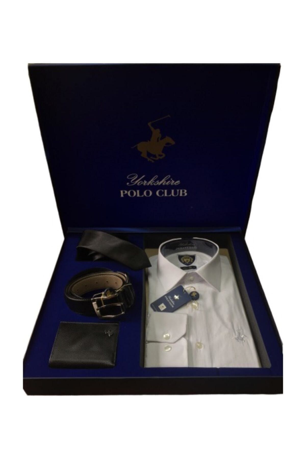 Yorkshire Polo Club Erkek Beyaz Gömlek Kemer Cüzdan Kravat Çeyizlik Set Takım