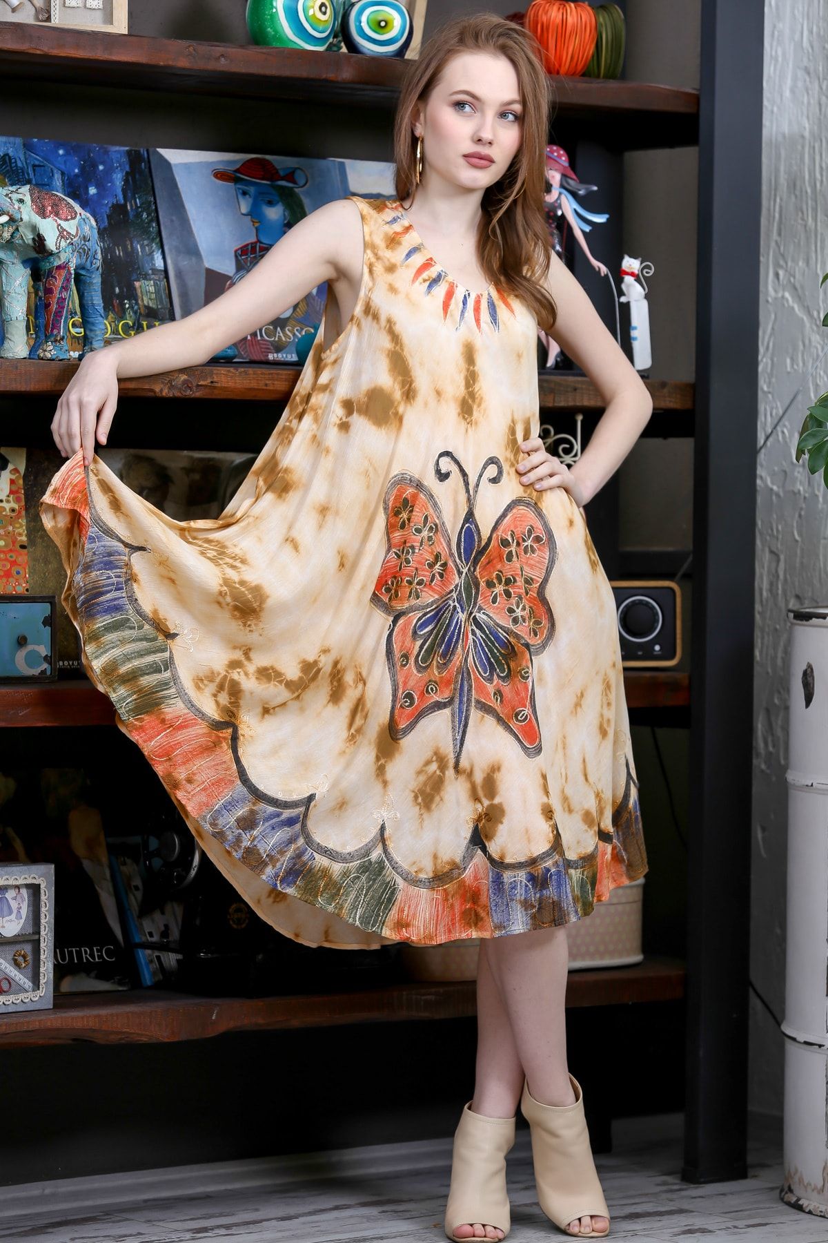 Chiccy Kadın Bej Batik Dev Kelebek Desenli Salaş Dokuma Elbise M10160000EL95127