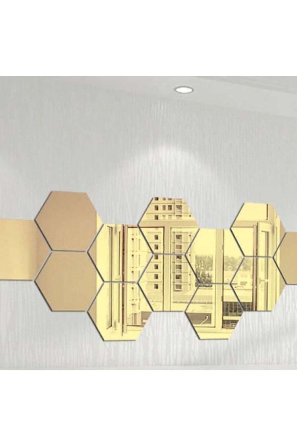 FERMAN HEDİYELİK Bal Peteği Gold Dekoratif Altıgen 12x Süs Akrilik Ayna 11x12,5cm Antre Duvar Pleksi Yapışkan Bantlı