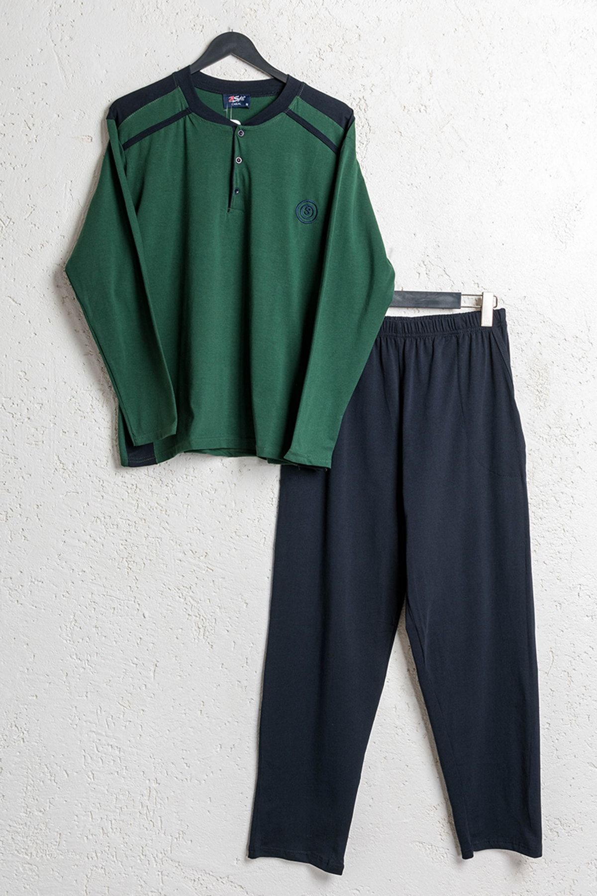 BSM Erkek Pamuklu Yeşil Düğmeli Uzun Kollu Pijama Takımı