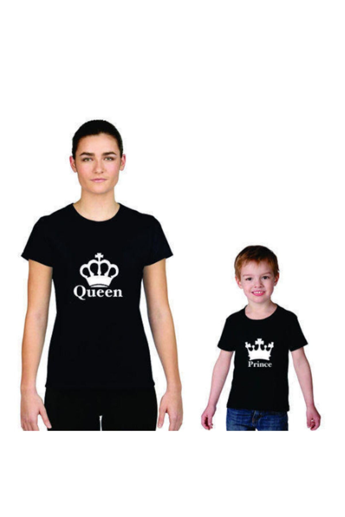 HediyeMania Anne Oğul Tişört Kombini Queen Prince Baskılı Pamuklu Siyah T-shirt Kombini