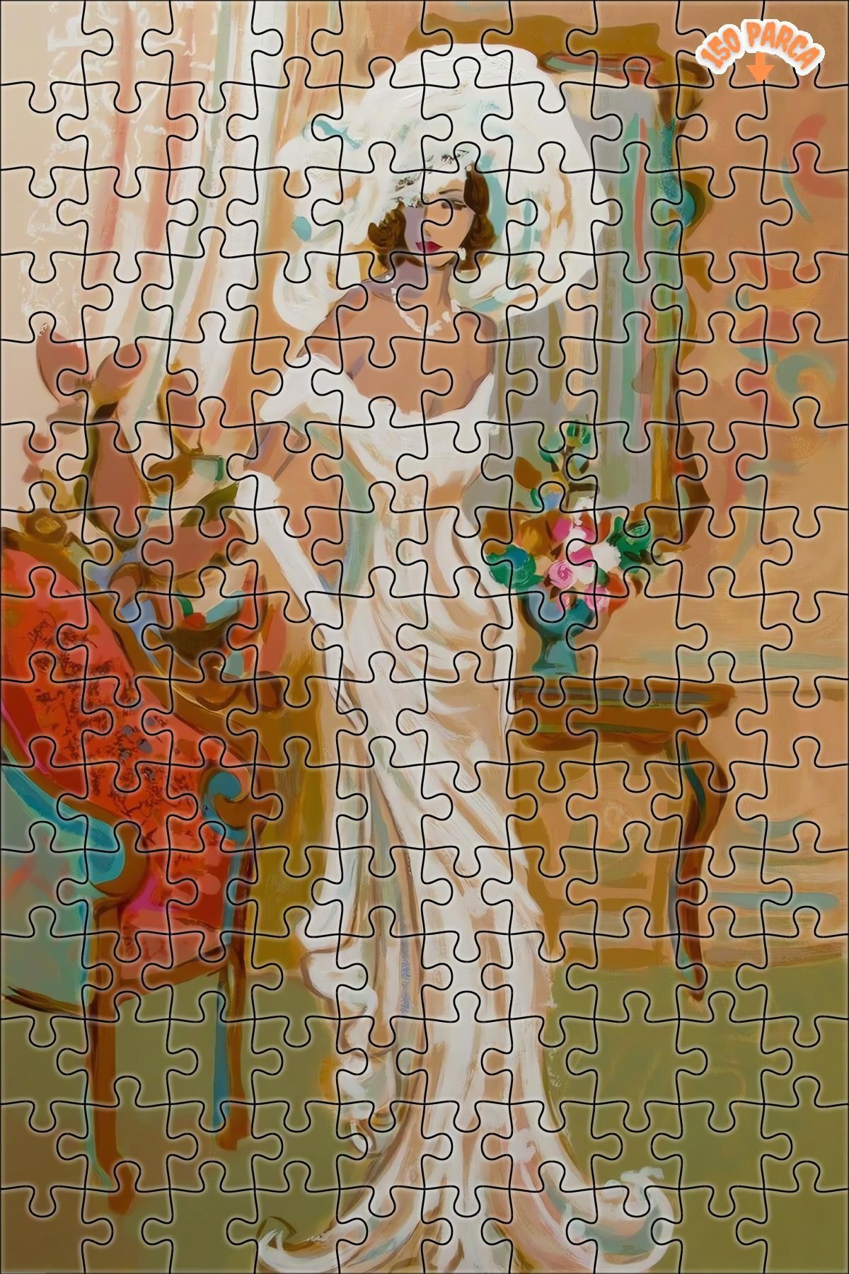 Teona Ahşap Modern Sanat Kadın Yağlı Boya Dekoratif Çift Katlı Çerçeveli Asılabilir Ahşap Puzzle 150 PARÇA 20X30