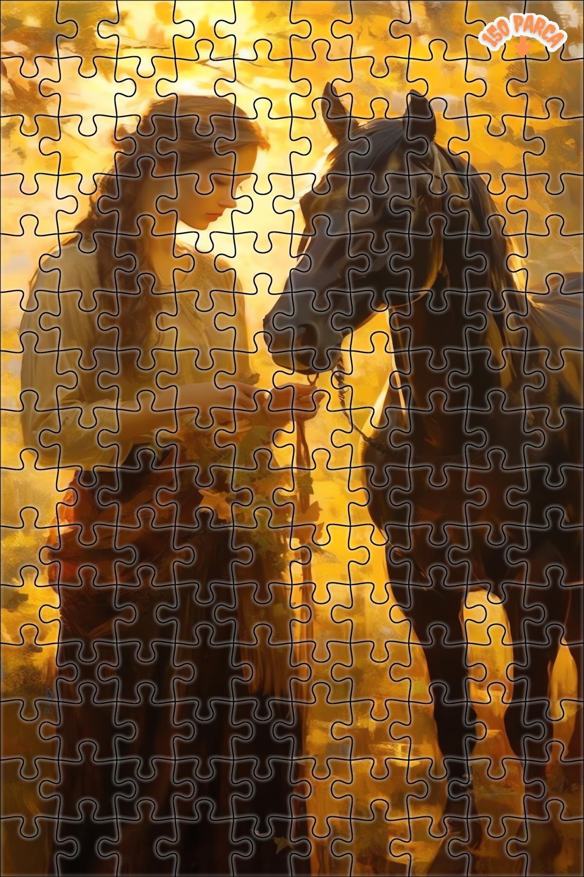 Teona Ahşap Kadın Ve At Yağlı Boya Dekoratif Çift Katlı Çerçeveli Asılabilir Ahşap Puzzle 150 PARÇA 20X30