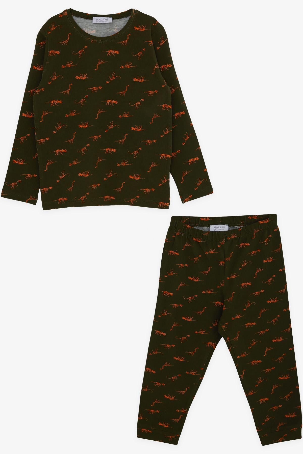 Macawi Erkek Çocuk Pijama Takımı Dinozor Desenli 3-7 Yaş, Koyu Yeşil