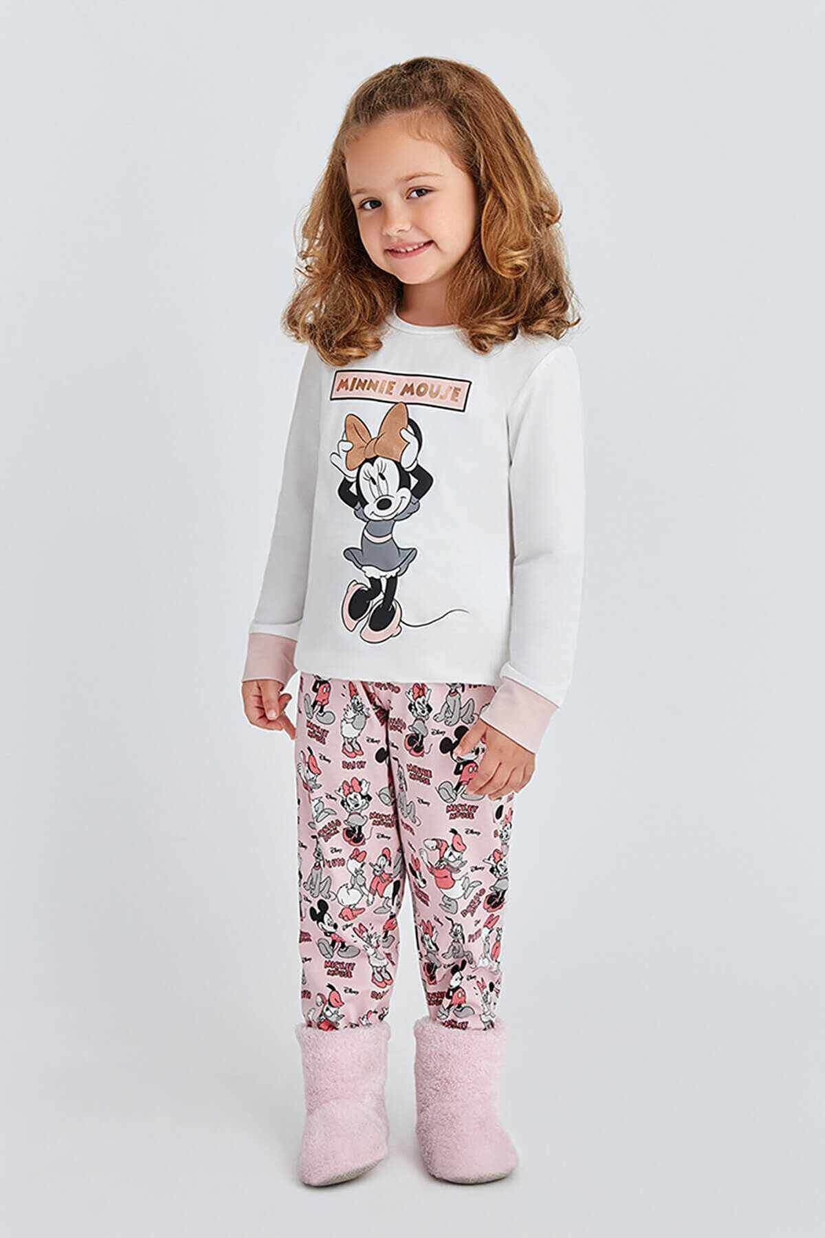 MINNIE Mickey & Mouse Lisanslı Kız Çocuk Pijama Takımı Krem - 10749
