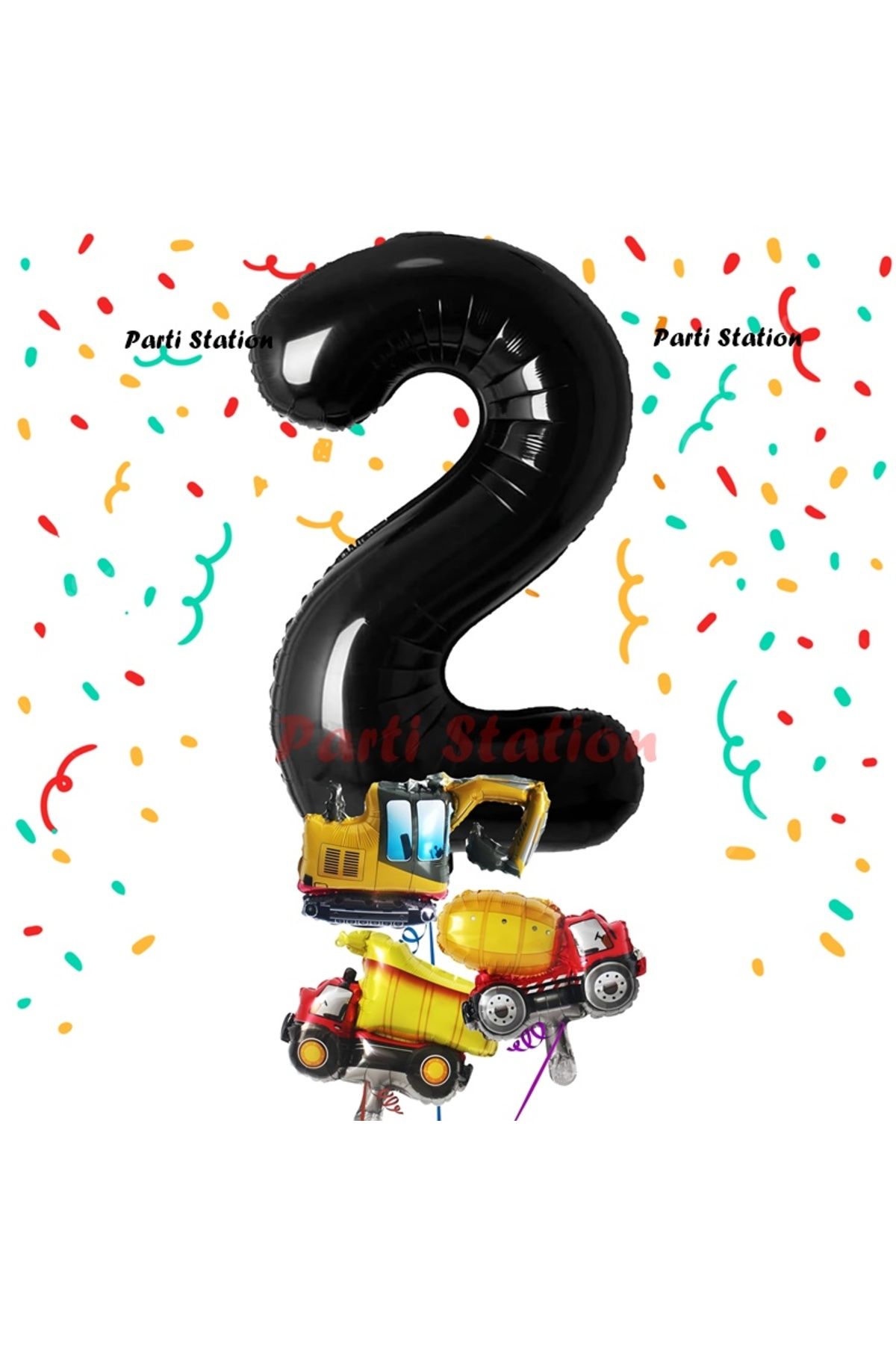 Parti Station Siyah Renk Rakam Balon Küçük Boy İnşaat Balonlu 2 Yaş İnşaat Kamyon Konspet Doğum Günü Balon Set