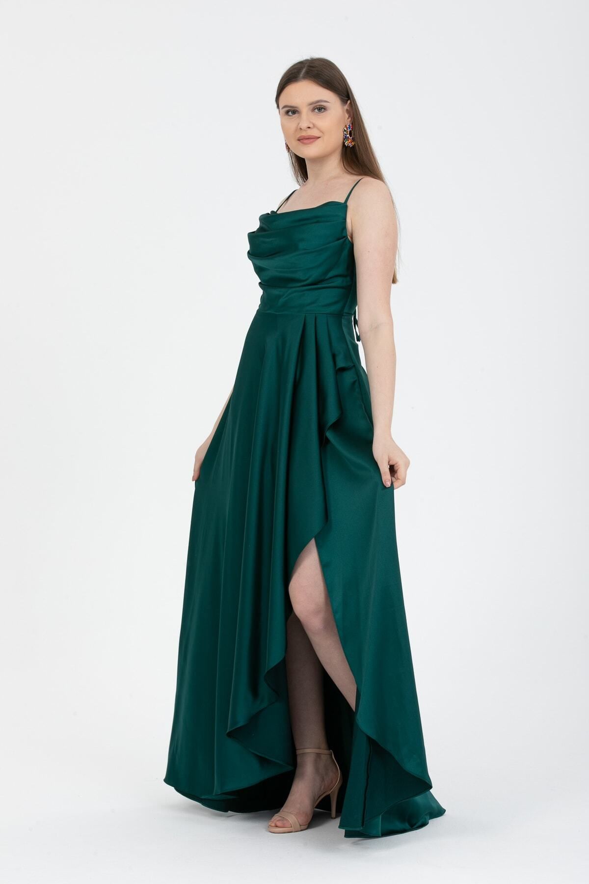 meksila Kadın Volanlı Yırtmaçlı Saten Abiye Ve Mezuniyet Elbisesi /5024zümrüt Yeşili
