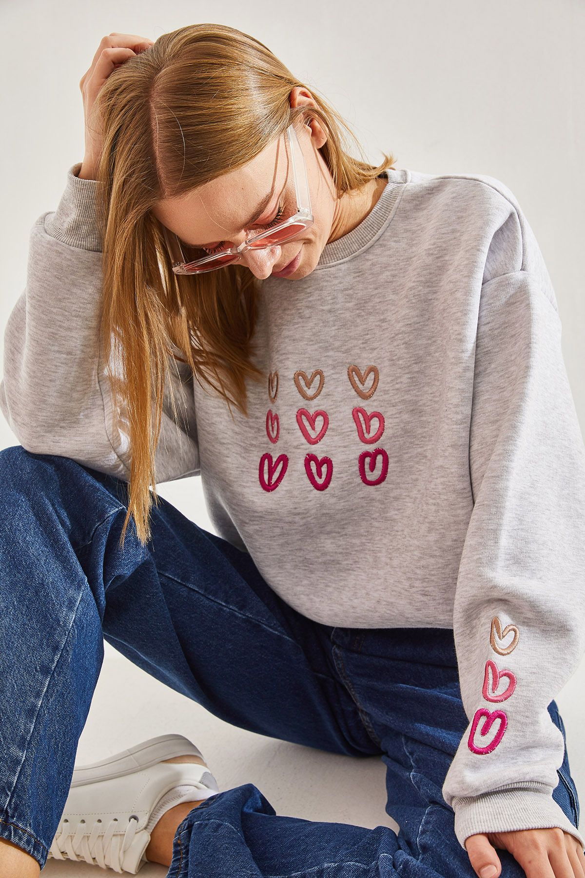 Bianco Lucci Kadın Üç İplik Şardonlu Kalp Baskılı Sweatshirt