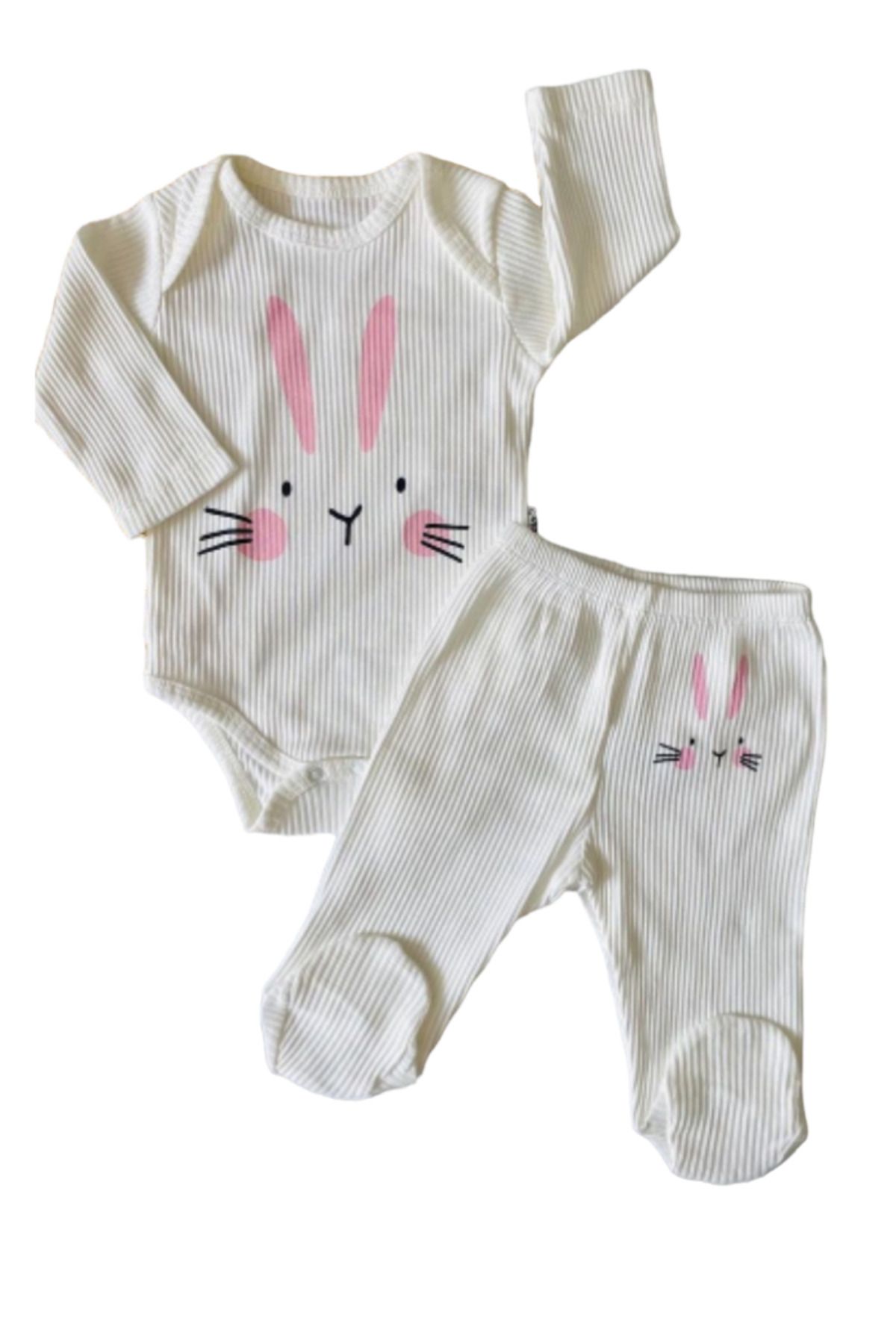 Necix's Kız Bebek Sevimli Tavşan Desenli Patikli Pantolonlu Çıtçıtlı Takım