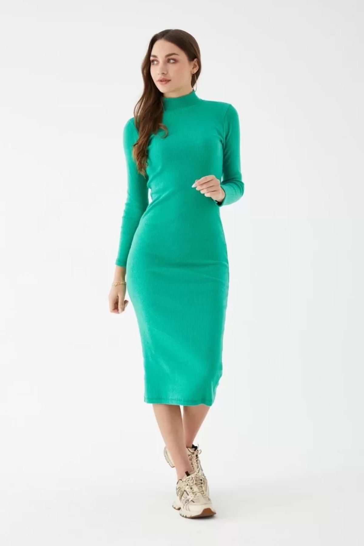 Siyah Kadın Yeşil Şardonlu Dik Yaka Kaşkorse Uzun Kollu Likralı Uzun Elbise 135 Cm