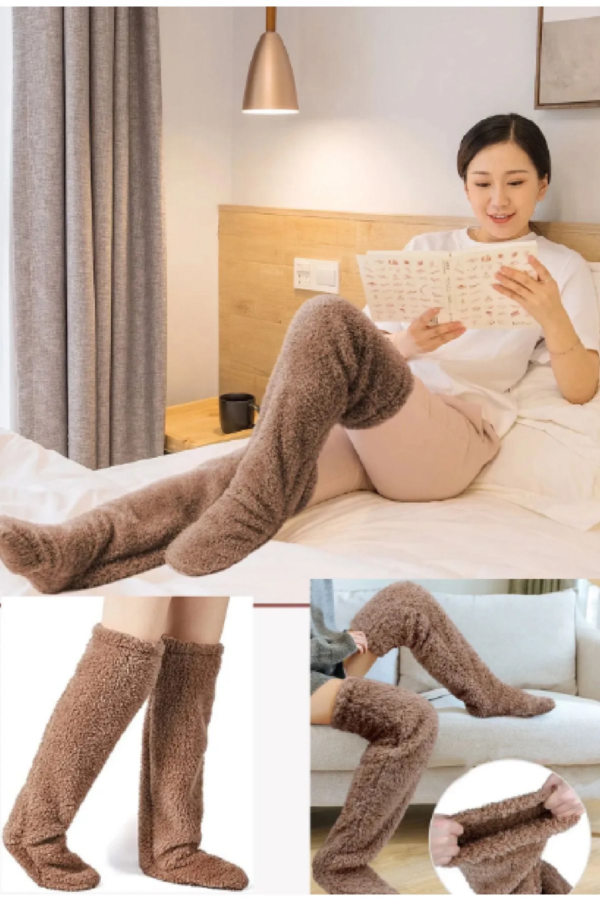 Pababo Peluş Çorab Welsoft Diz Üstü Oda Çorabı Kışlık Uyku Çorabı Ayak Isıtıcı Uzun Çorap