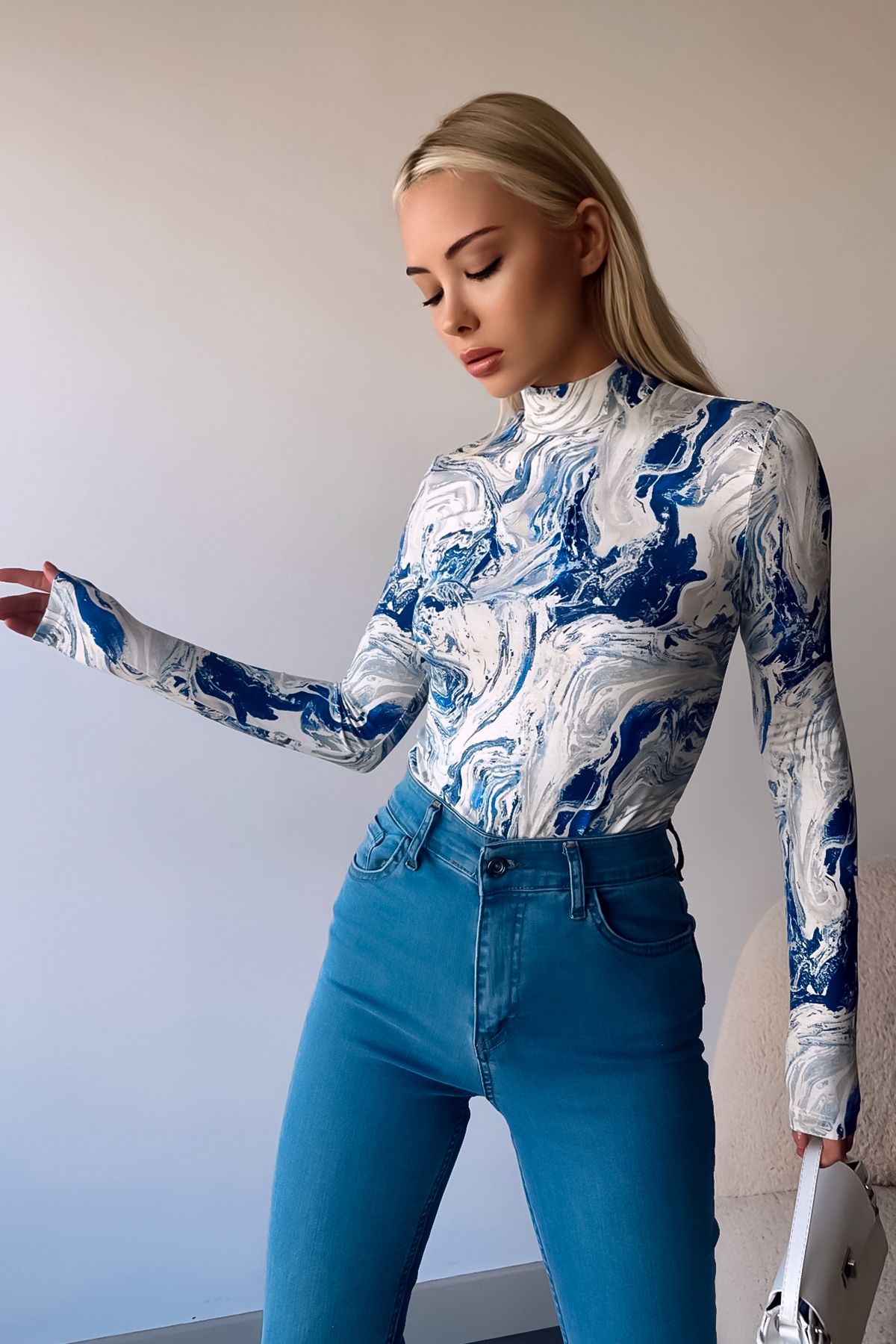 LACHT Kadın Yeni Sezon Mavi Wave Desen Dik Yaka Uzun Kollu Bluz
