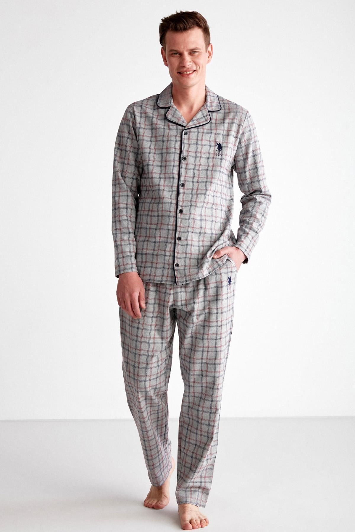 U.S. Polo Assn. Rahat Kalıp Boydan Düğmeli Ekoseli Erkek Pijama Takım, Uzunkol Kareli Mevsimlik Pijama Takım