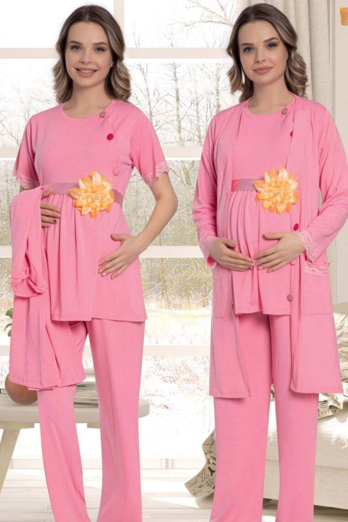 Lohusa Sepeti Sabahlıklı Dantelli Kol Lohusa Pijama Takımı Pembe - 51343