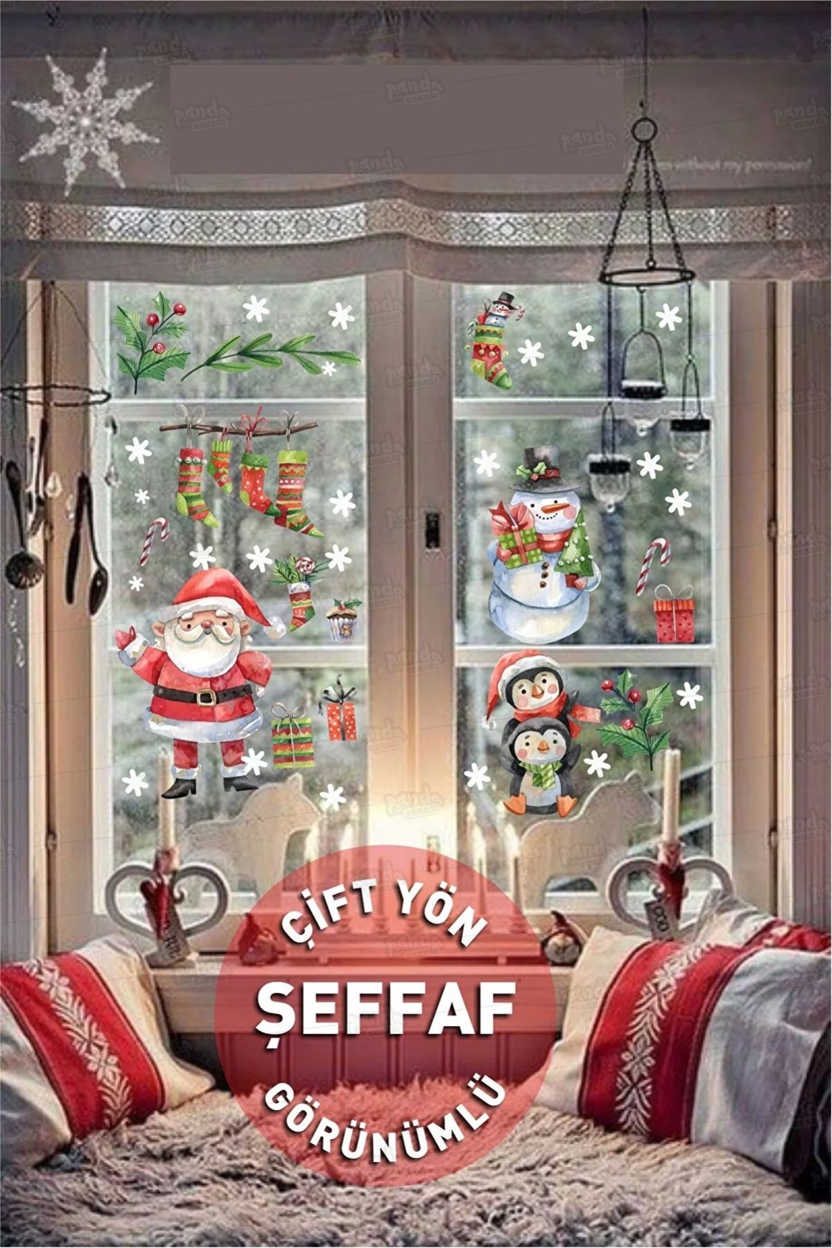 PANDA SOKAĞI Çift Taraflı Yılbaşı Süsü Kardan Adam Noel Baba Ve Penguenler Kendinden Yapışkanlı Pencere Stickerı