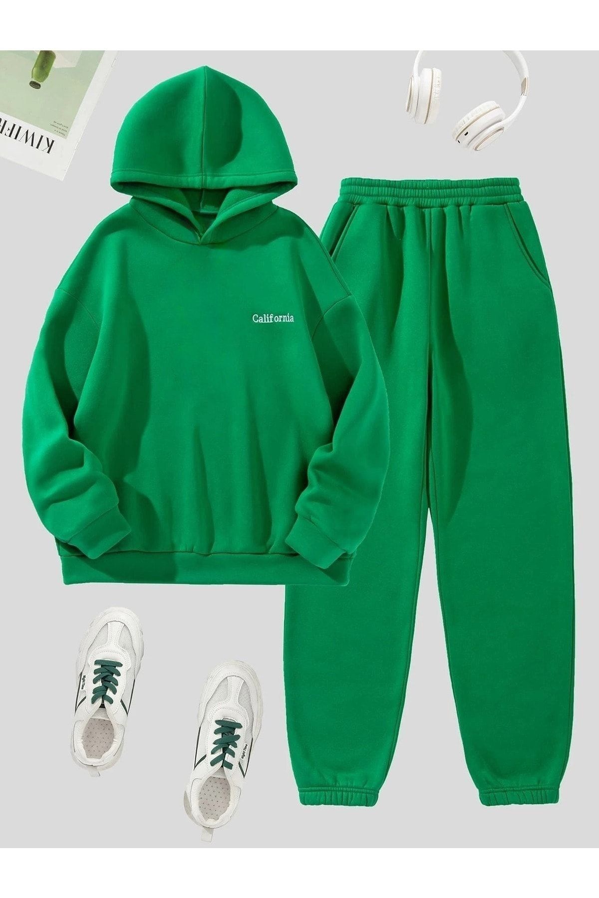DUBU BUTİK California Yazılı Eşofman Takımı Sweatshirt Jogger - Yeşil Baskılı Oversize Şardonlu Kapüşonlu