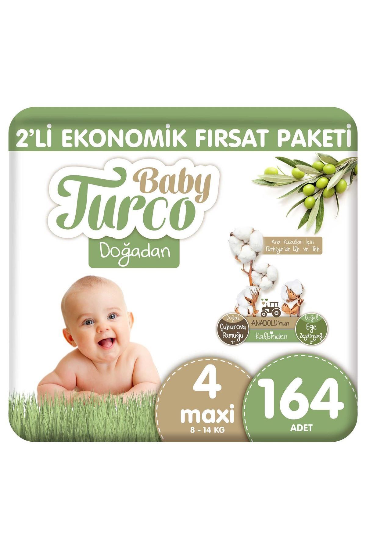 Baby Turco Doğadan 2'Li Ekonomik Fırsat Paketi Bebek Bezi 4 Numara Maxi 164 Adet